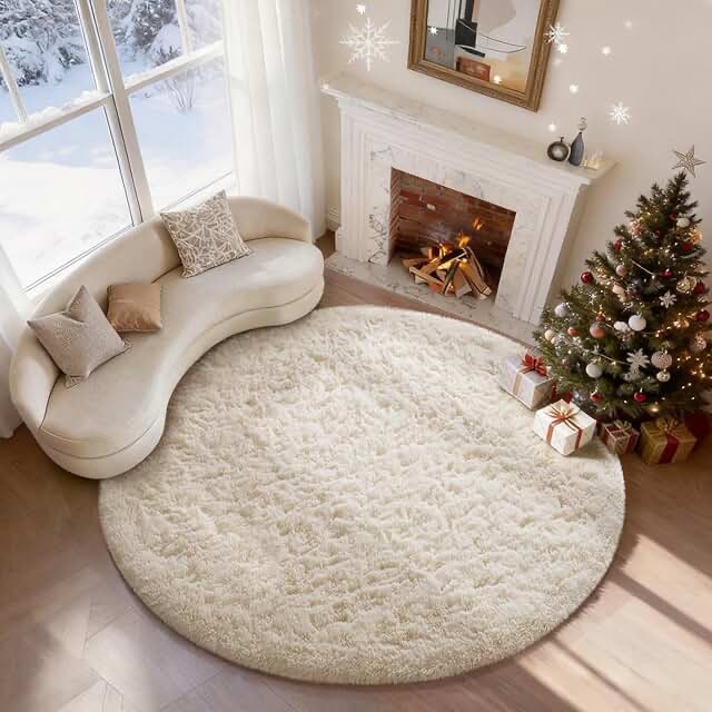 ophanie round washable rugs 5ft ivory area rug,baby nursery living room bedroom decor circular carpet 5 foot,fluffy fuzzy shag plush cream for kids boys girls teen with over 99 pcs pile fibers