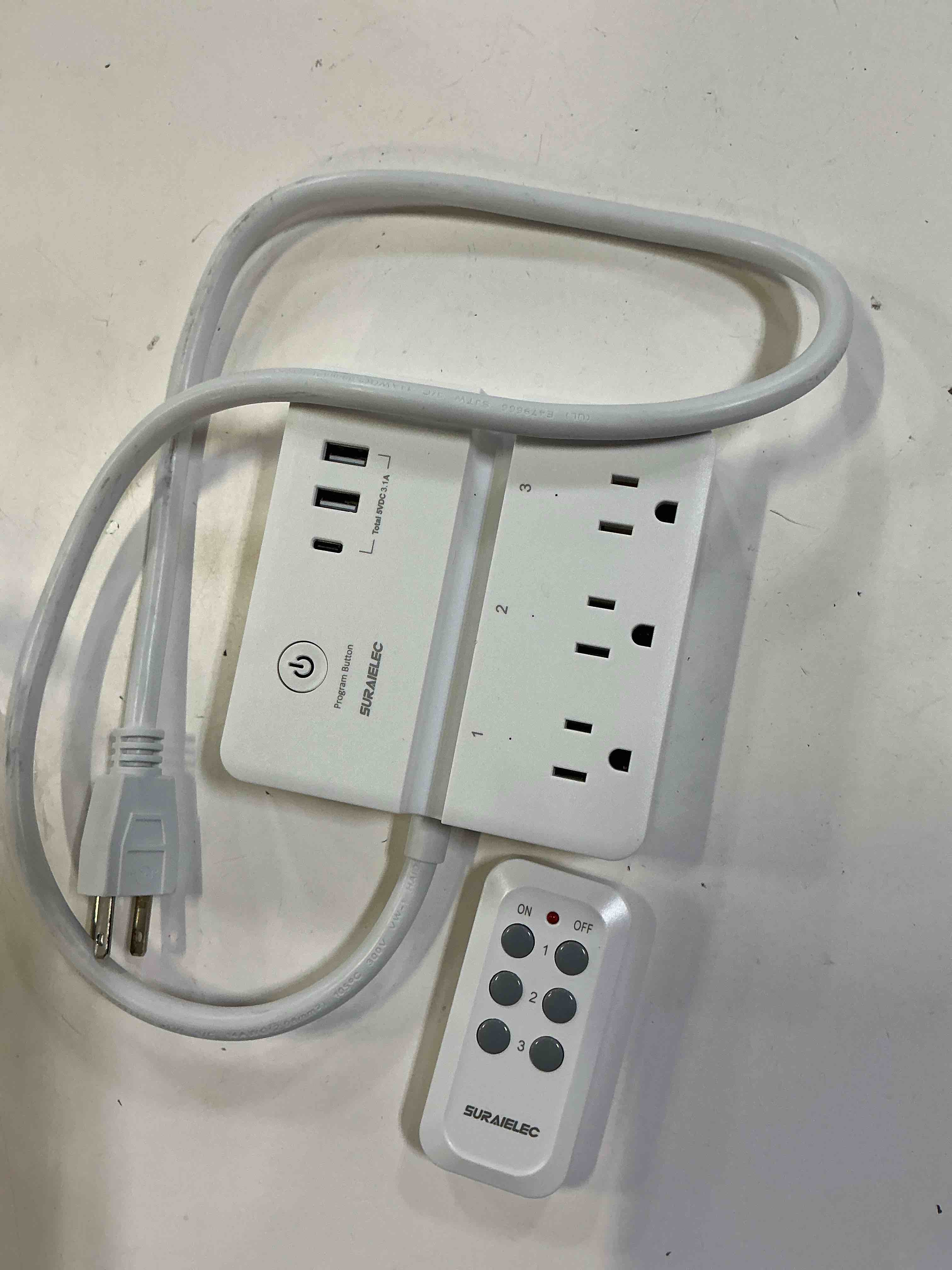 Condition photo showing As Is for suraielec remote control extension cord, remote power strip, 3 ft cord | 3 independent outlets, usb-c & usb-a, 15a/1875w, 300j surge protection, remote outlet switch for lamps & christmas lights