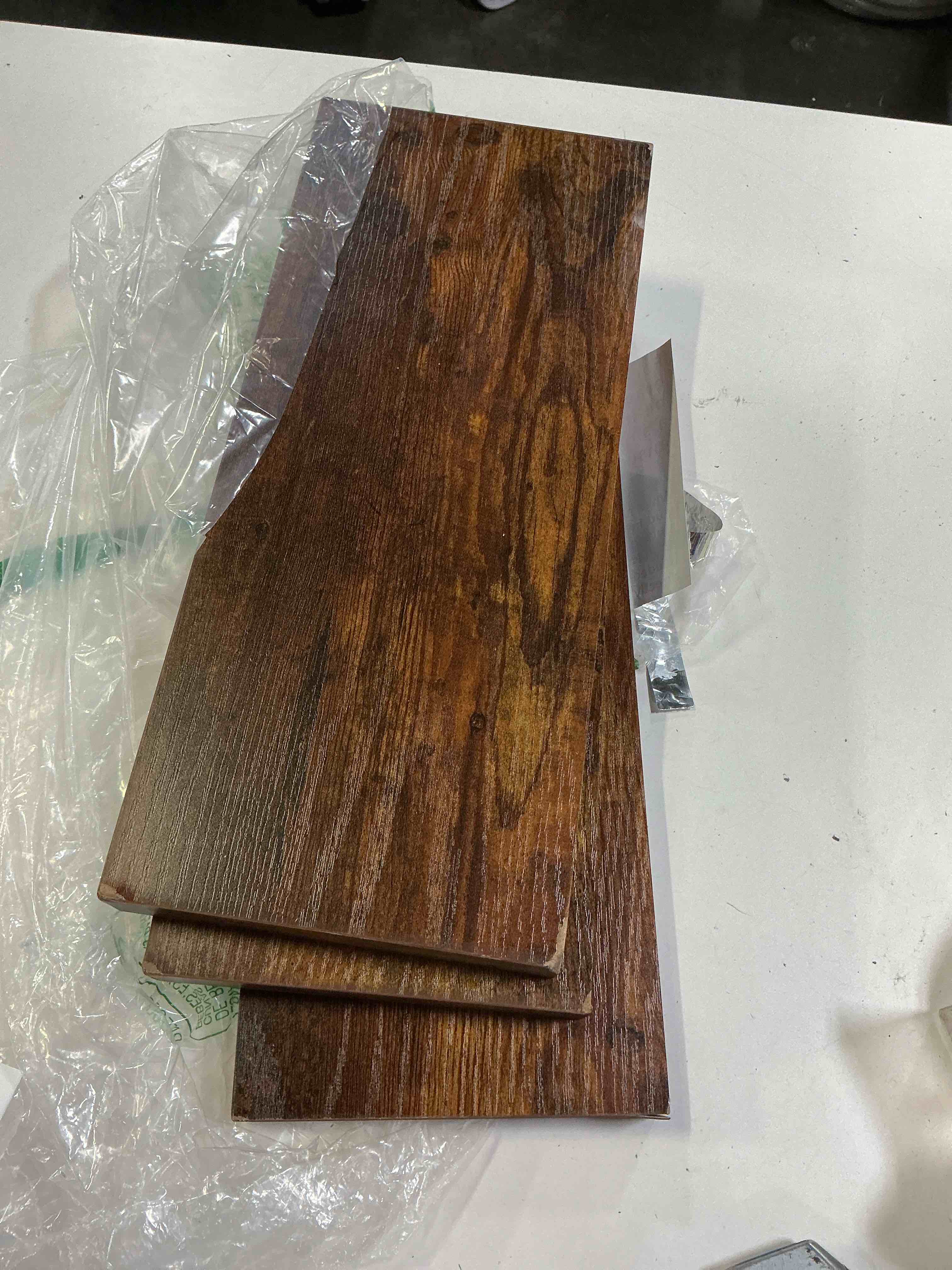 Condition photo showing Good Condition for (damage)bayka walnut-like floating shelves 15.7in, 3 pack, wall mounted wall decor | easy install, 22lbs max load, hidden bracket, shelving for bathroom bedroom kitchen display storage, multi-wall compatible