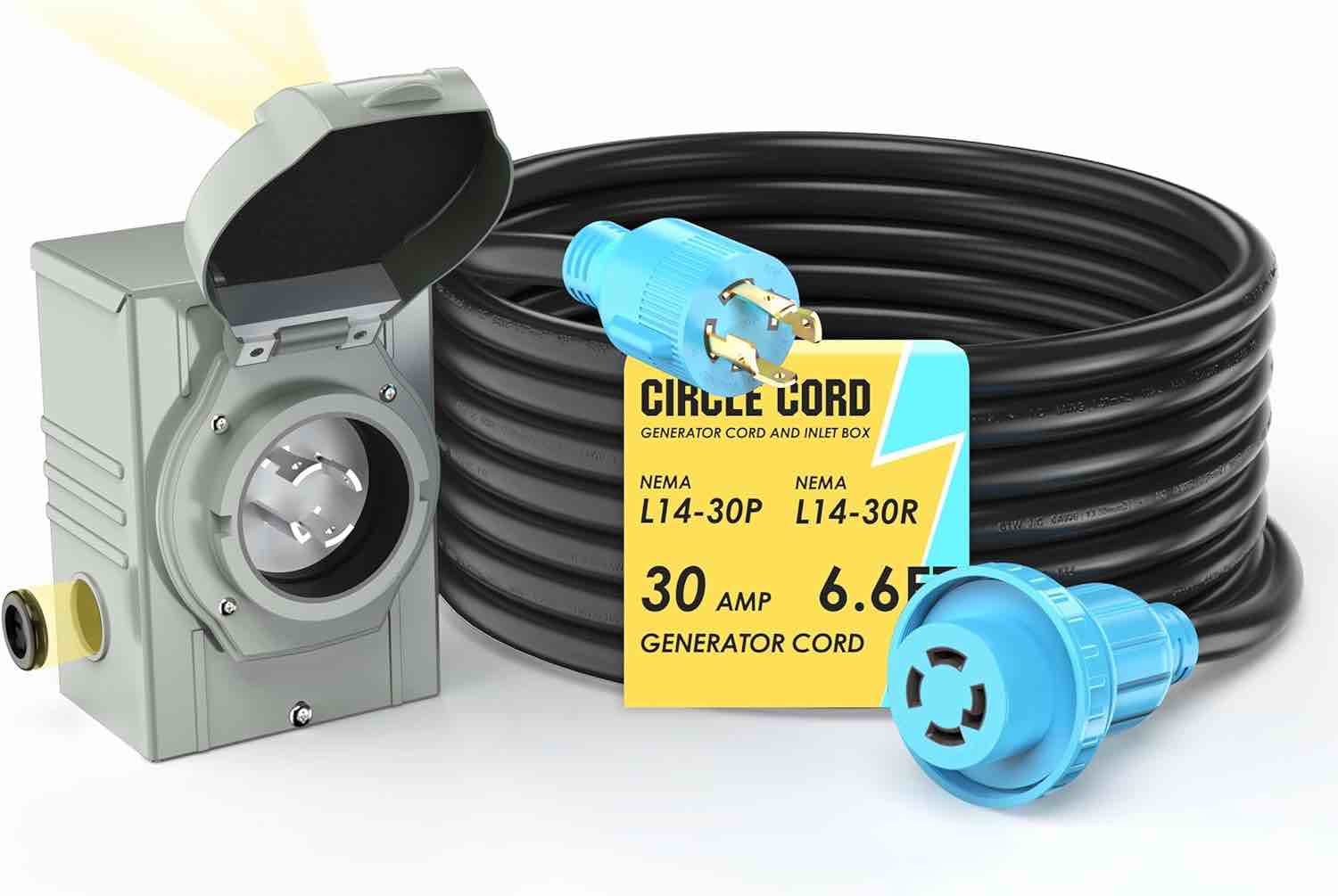 CircleCord 4 Prong 6.6 Feet 30 Amp Generator Extension Cord and Inlet Box with Locking Connector, Heavy Duty NEMA L14-30P/L14-30R, 125/250V 7500W 10 Gauge SJTW Generator to House Power Cord (6.6 Feet)