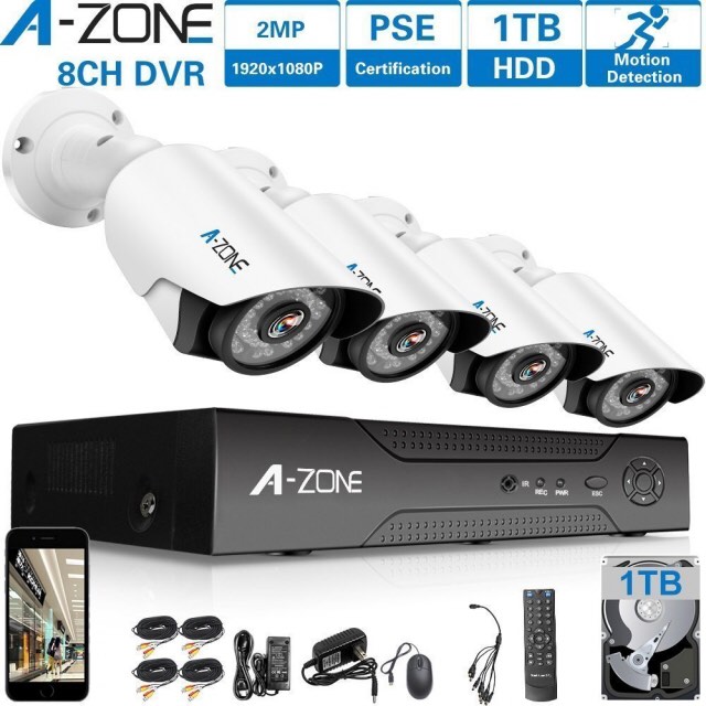 A-ZONE 8CH 1080P DVR AHD Home Security Cameras System kit+4pcs HD 1080P CCTV Bullet Camera