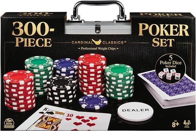 Cardinal Classics, 300-Piece Poker Set with Aluminum Carrying Case & Professional Weight Chips Plus 5 Poker Dice, Casino Game for Adults and Kids Ages 8 and up
