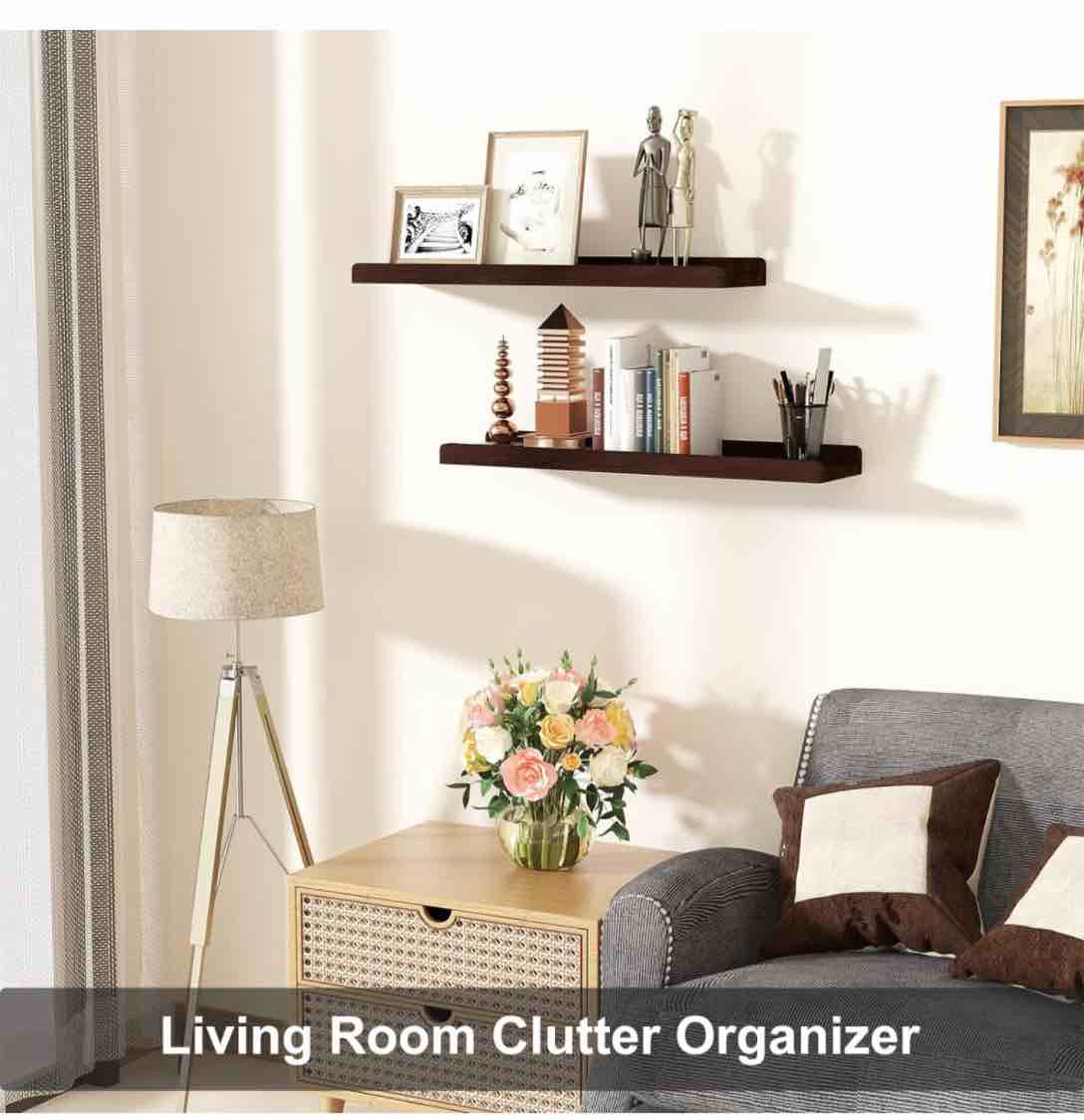 Love-KANKEI Floating Shelves Wall Mounted Set of 2, 23.6 Inch Wood Storage Wall Shelves for Bedroom Living Room Bathroom Kitchen Office and More Dark Walnut