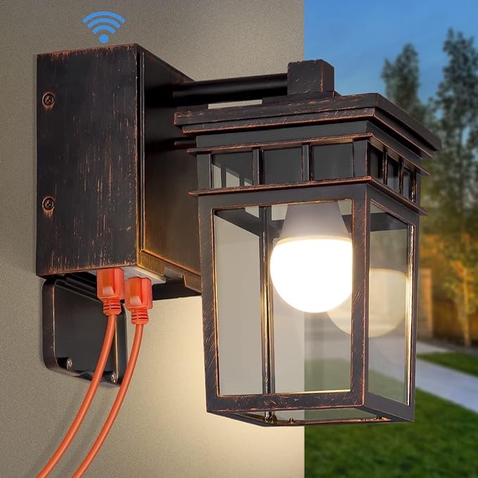 Dusk to Dawn Outdoor Wall Lighting with Outlet,Porch Light with GFCI Outlet Built in,Anti-Rust Alunmium Outdoor Wall Lantern with Clear Glass Shade,Outdoor Light for House Garage, Bulb Included(Brown)