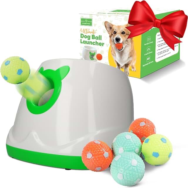 Automatic Dog Ball Launcher - Dog Fetch Machine for Small to Medium Sized Dogs, 3 Launch Distances, Ball Launcher for Dogs with 6 Latex Balls, Dual Power Supply, Ball Thrower for Dogs