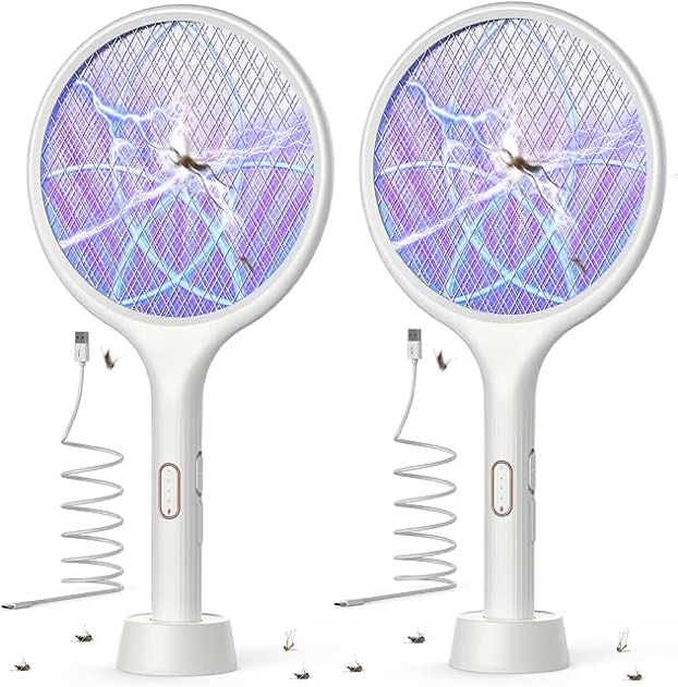 PALONE Electric Fly Swatter 3000V Bug Zapper Racket 2 in 1 Fly Swatter with 1200mAh Battery Rechargeable Mosquito Killer Lamp with 3 Layers Safety Mesh for Indoor and Outdoor (2 Pack)