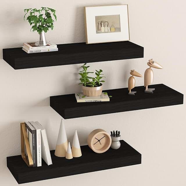 BOFIRE Floating Shelves, Wall Mounted Rustic Wood Shelves for Bathroom, Bedroom, Living Room, Kitchen, Small Hanging Shelf for Books/Storage/Room Decor (Black, 17 Inch)