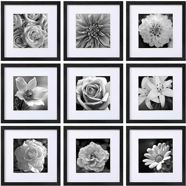 eletecpro 12x12 Picture Frames Black Set of 9, Wooden Square Frame Displays 8x8 with Mat and 12x12 without Mat, Poster Frame for Wall Hanging