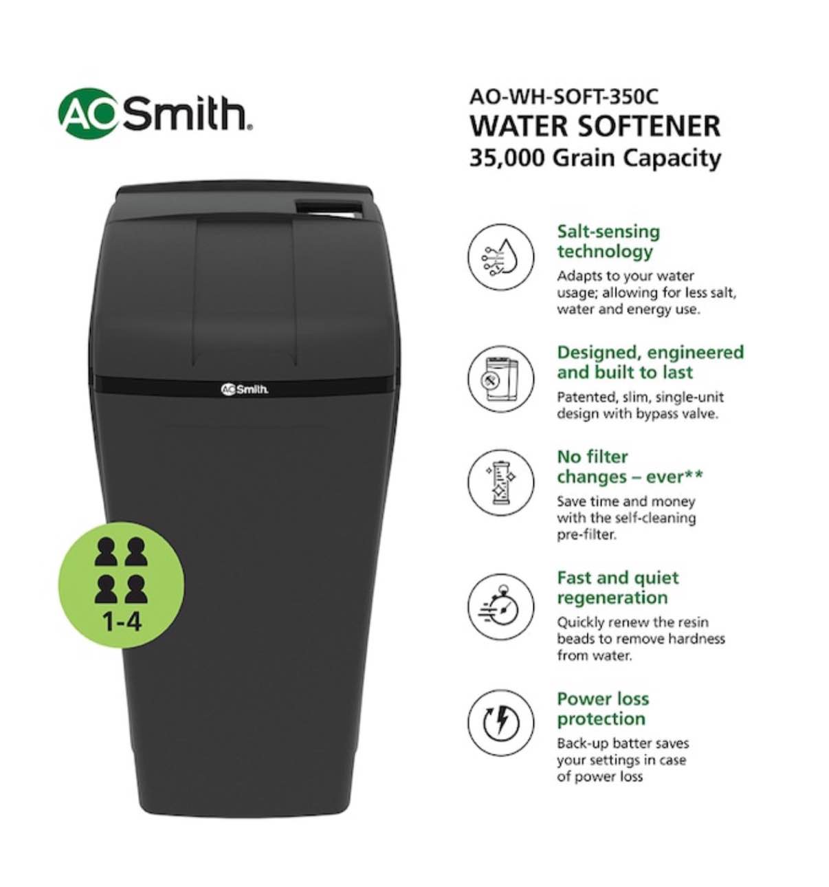 A.O. Smith 35,000 Grain Compact Water Softener 35000-Grain Water Softener System