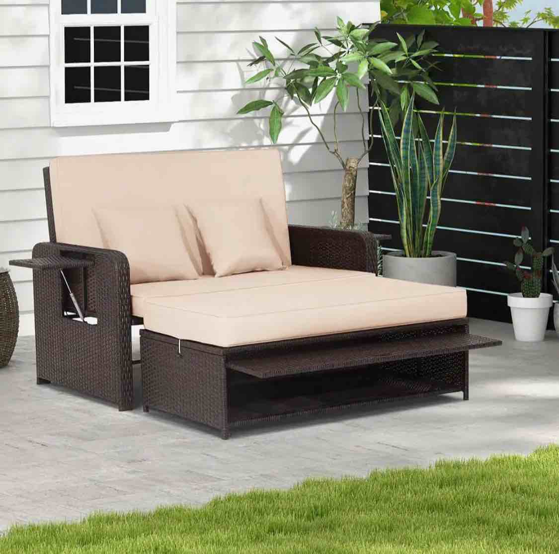 Wicker Outdoor Day Bed with Retractable Top Canopy Side Tables and Beige Cushions box (1/2) only 