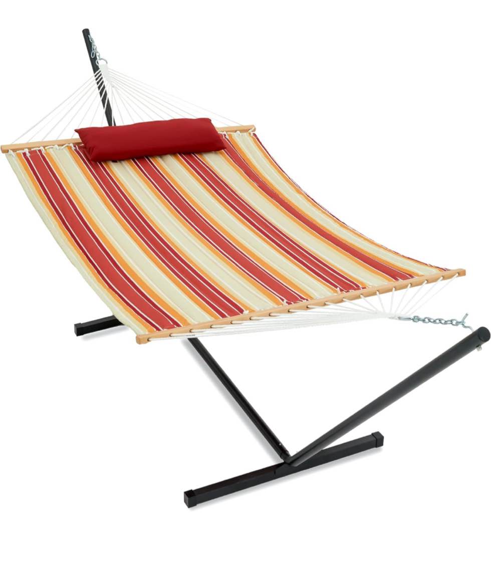 Gafete 55 Inch Two Person Hammock with Stand Included, 12ft Heavy Duty Steel Stand, Double Hammocks with Hardwood Spreader Bar Soft Pillow for Patio Outdoor, Max 475lbs Capacity (Red)