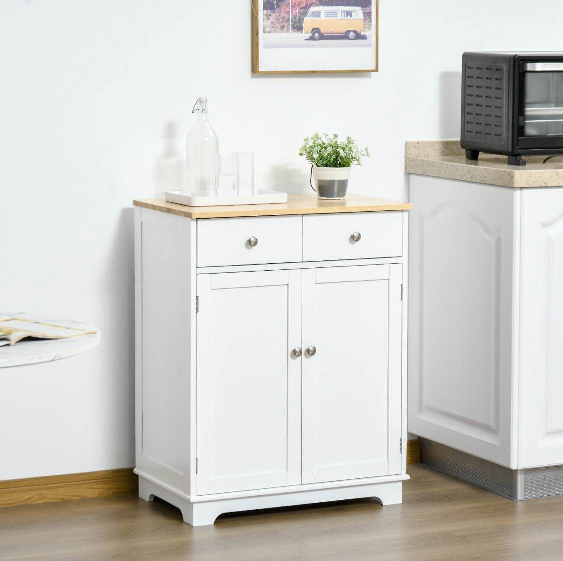 HOMCOM Kitchen Storage Cabinet, Sideboard Floor Cupboard with Solid Wood Top, Adjustable Shelf, and 2 Drawers for Living Room, and Hallway, White