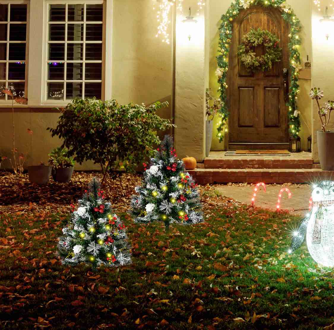 HOMCOM 2.5 Ft/30" 2 Pack Outdoor Entryway Pre-Lit Artificial Christmas Tree Cordless with 70 Branches, Warm White LED lights, Red Berries, Pine Cones, Balls, Green