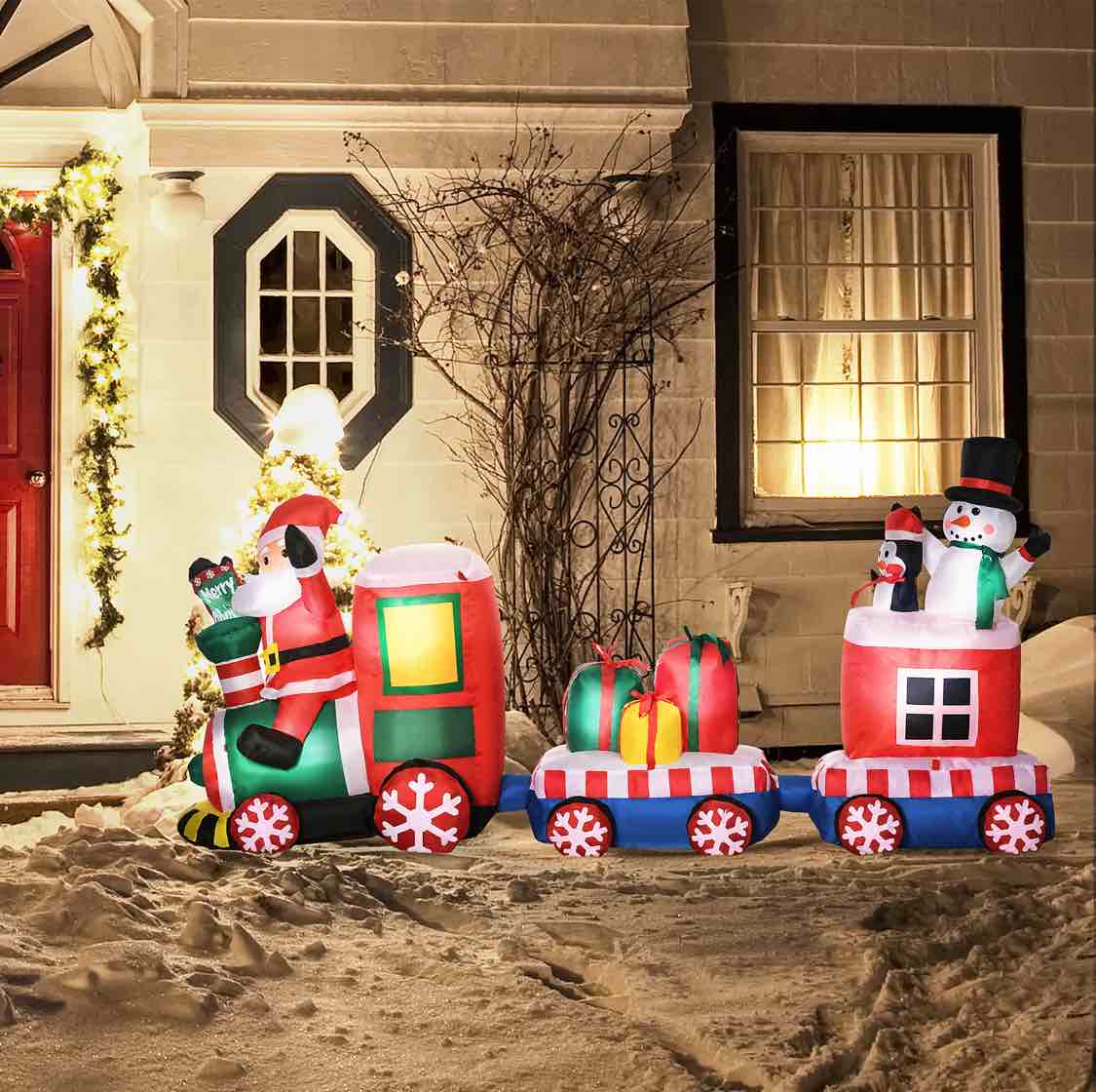 Outsunny 8ft Christmas Inflatables Outdoor Decorations Train with Santa Claus, Snowman, Penguin and Gift Boxes, Blow-Up LED Yard Christmas Decor for Lawn Garden Party
