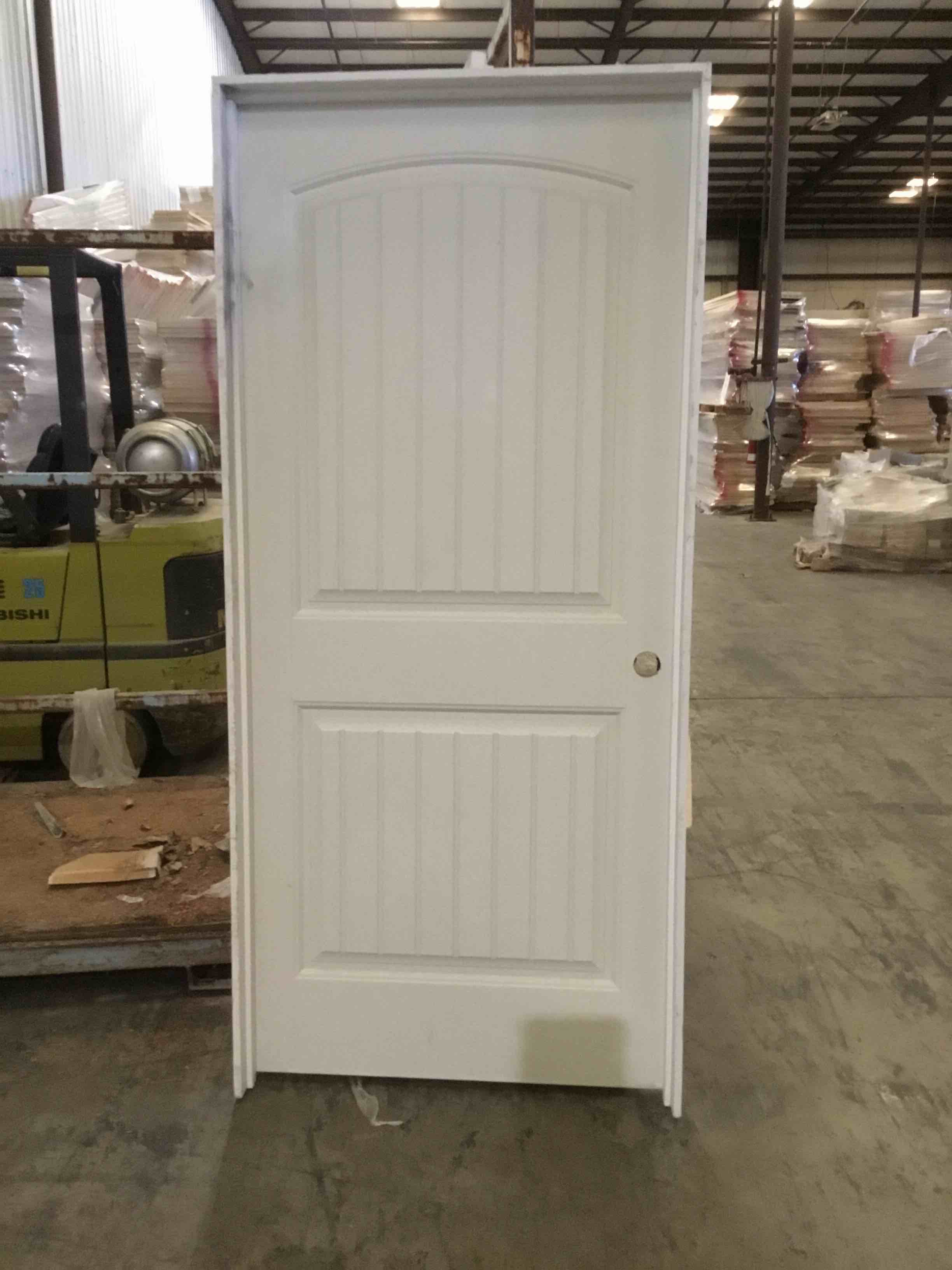 35-3/4 in. x 80 in., Pre-hung, MDF, Smooth, Radius Top, 2 Raised Panel w/grooves, Single Pre-drilled, Satin Nickel Hinges, Left-handed, Hollow core door