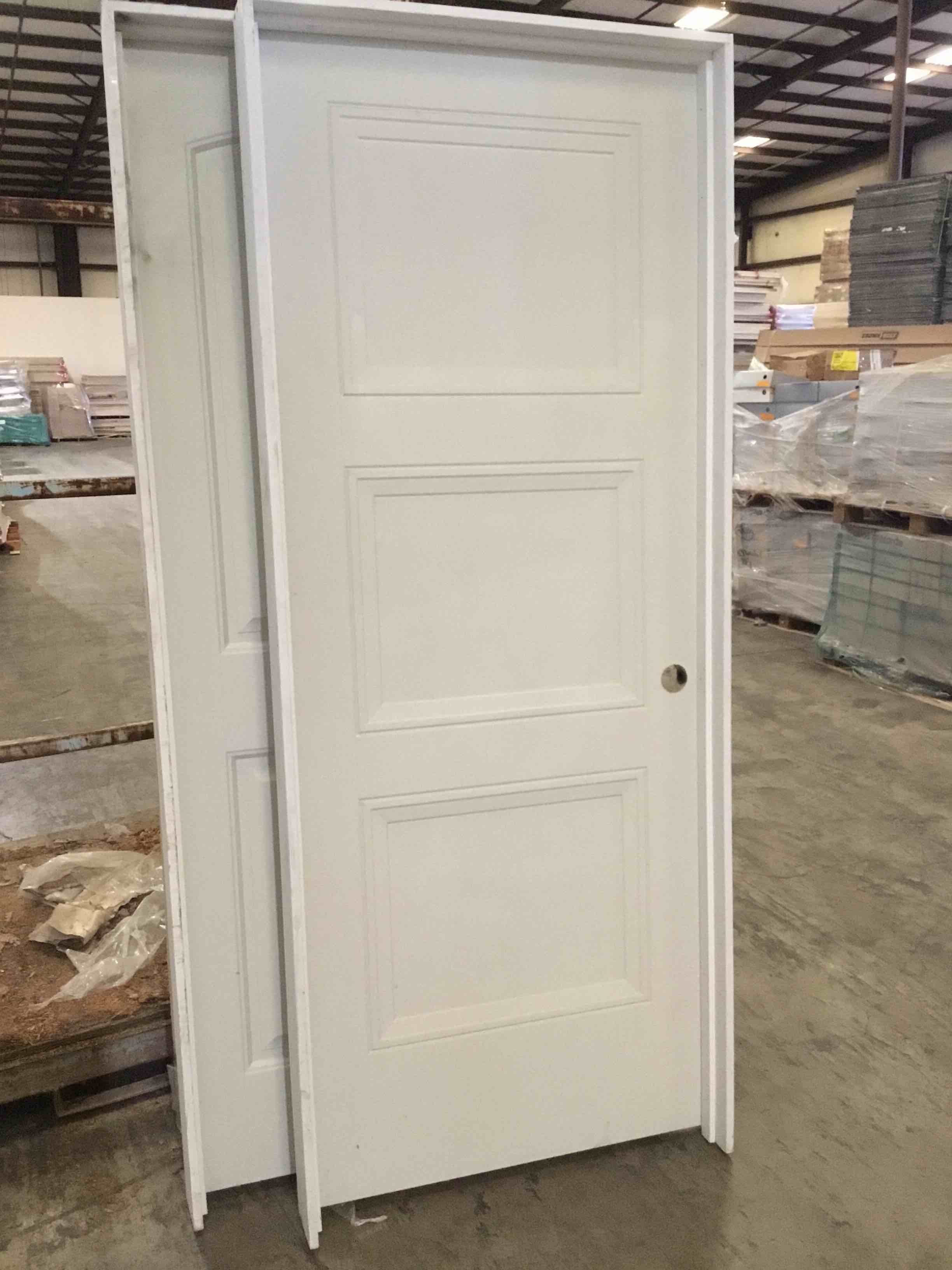 32 in. x 80 in., Livingston, Pre-hung, MDF, Smooth, 3 Panel, Single Pre-drilled, Brushed Nickel Hinges, Left-handed, Hollow core door