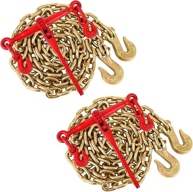 3/8"-1/2" Chain Binders Sets of 2, 3/8"×10Ft Chains, Grade 70 Binders and Chains, Load Transport Binder Chain with Grappling Hook, for Industrial, Agricultural, Logging