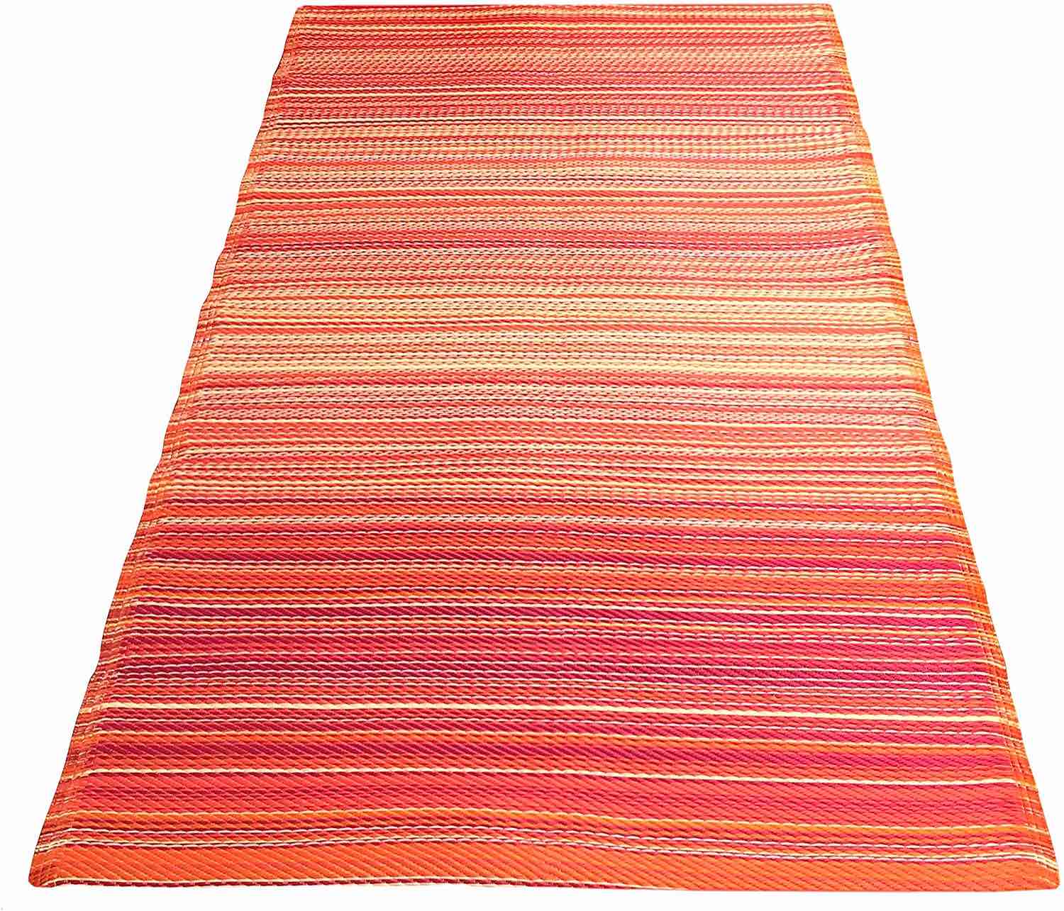 indoor/outdoor plastic straw camping rug with tie down ends, red multi