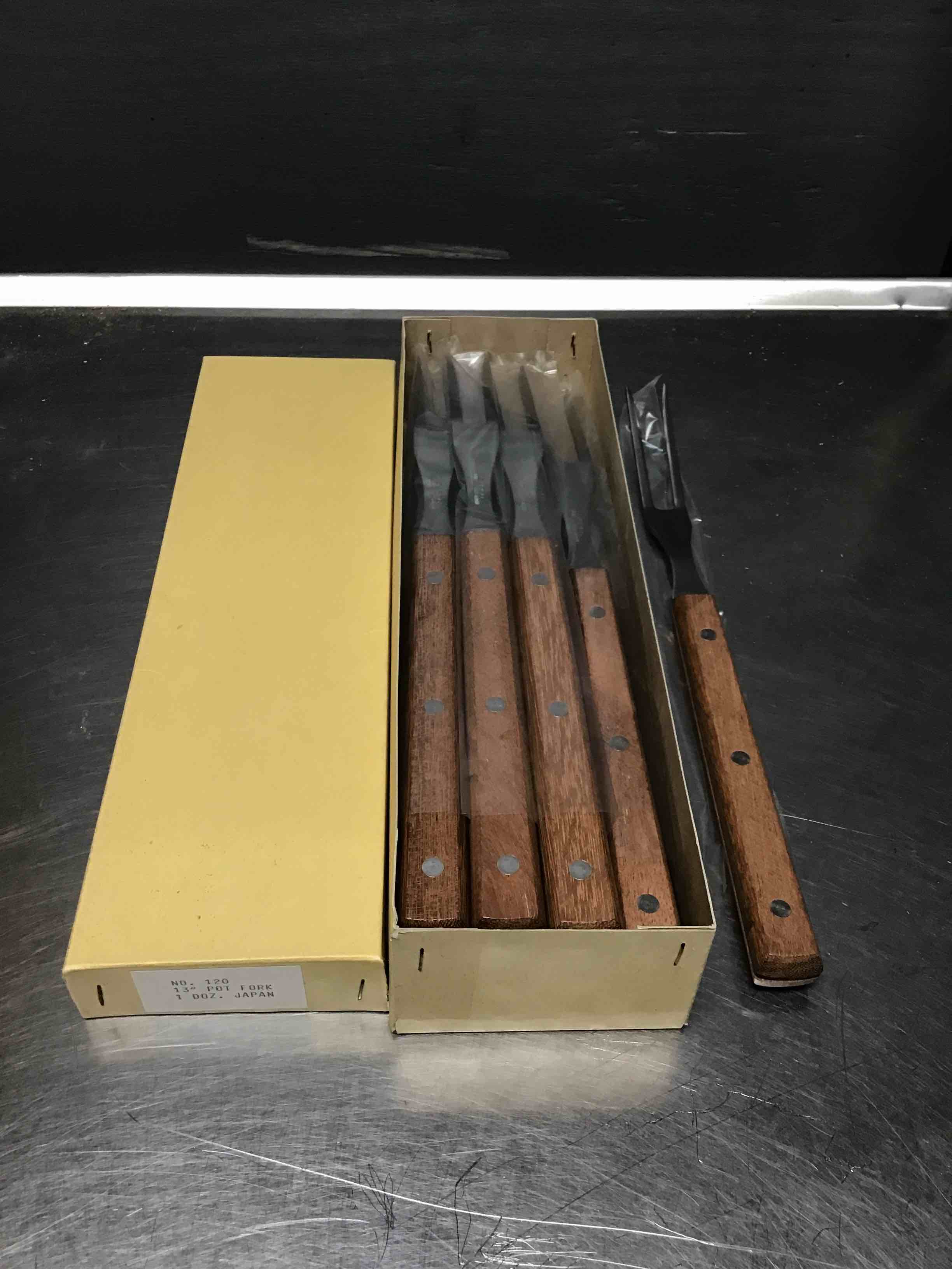 CAPCO STAINLESS STEEL 13” POT FORKS WITH WOODEN HANDLE