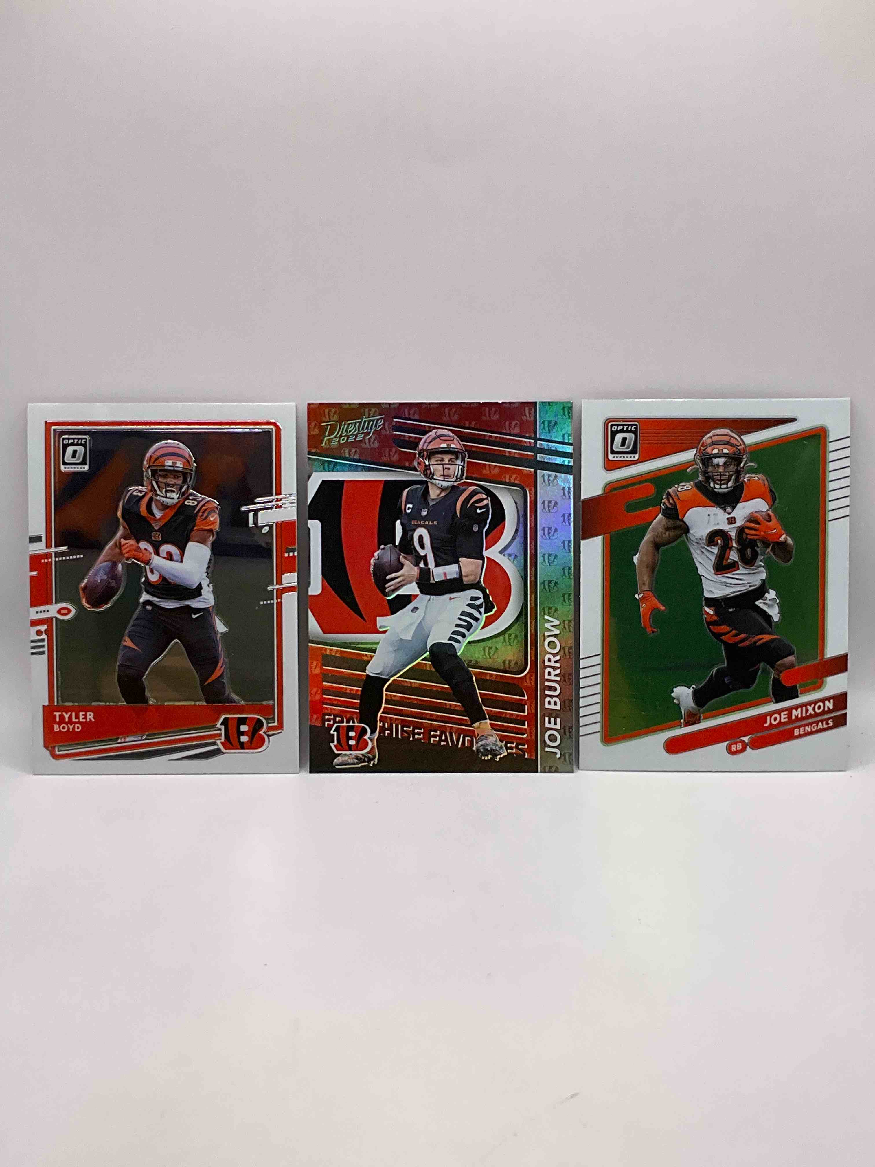 Tyler Boyd 2020 Donruss Optic Card, Joe Burrow Prestige 2022 Card & Joe Mixon 2021 Donruss Optic Card! All Mint