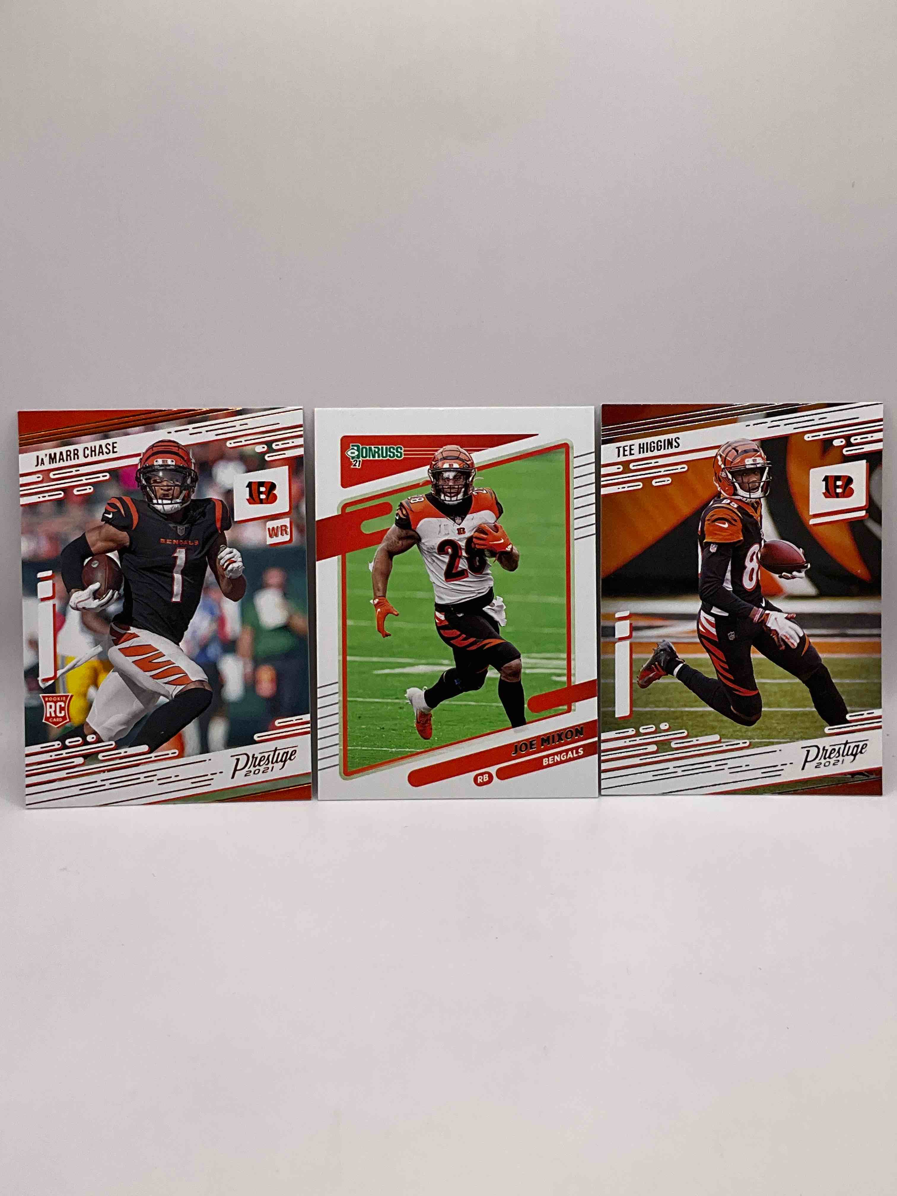 Ja’marr Chase Prestige Rookie Card, Joe Mixon 2021 Donruss Card & Tee Higgins 2021 Prestige Card! All Mint