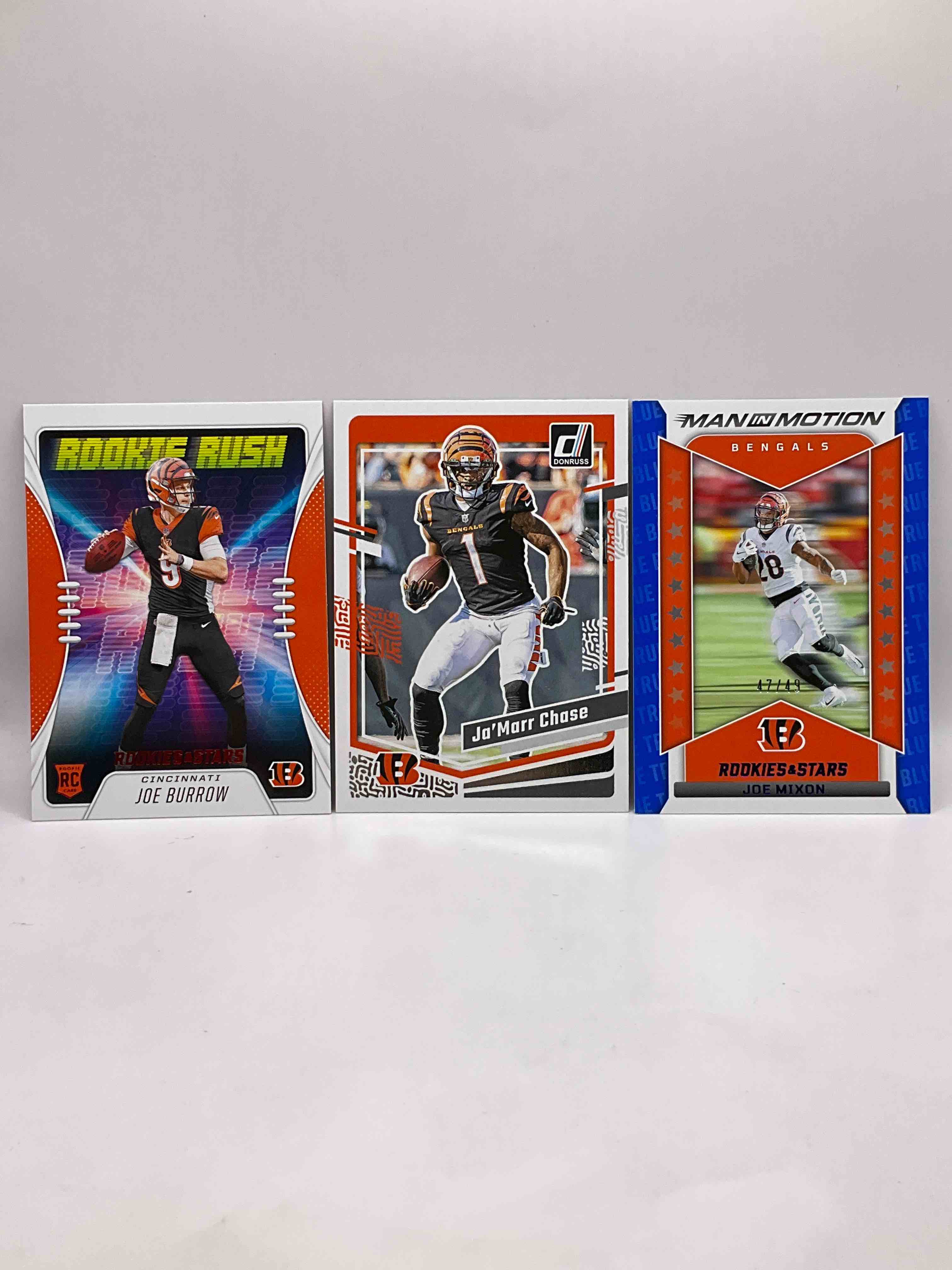 Joe Burrow Rookie Rush Rookie Card, Ja’marr Chase Donruss Card & Joe Mixon Card Numbered /49! All Mint!