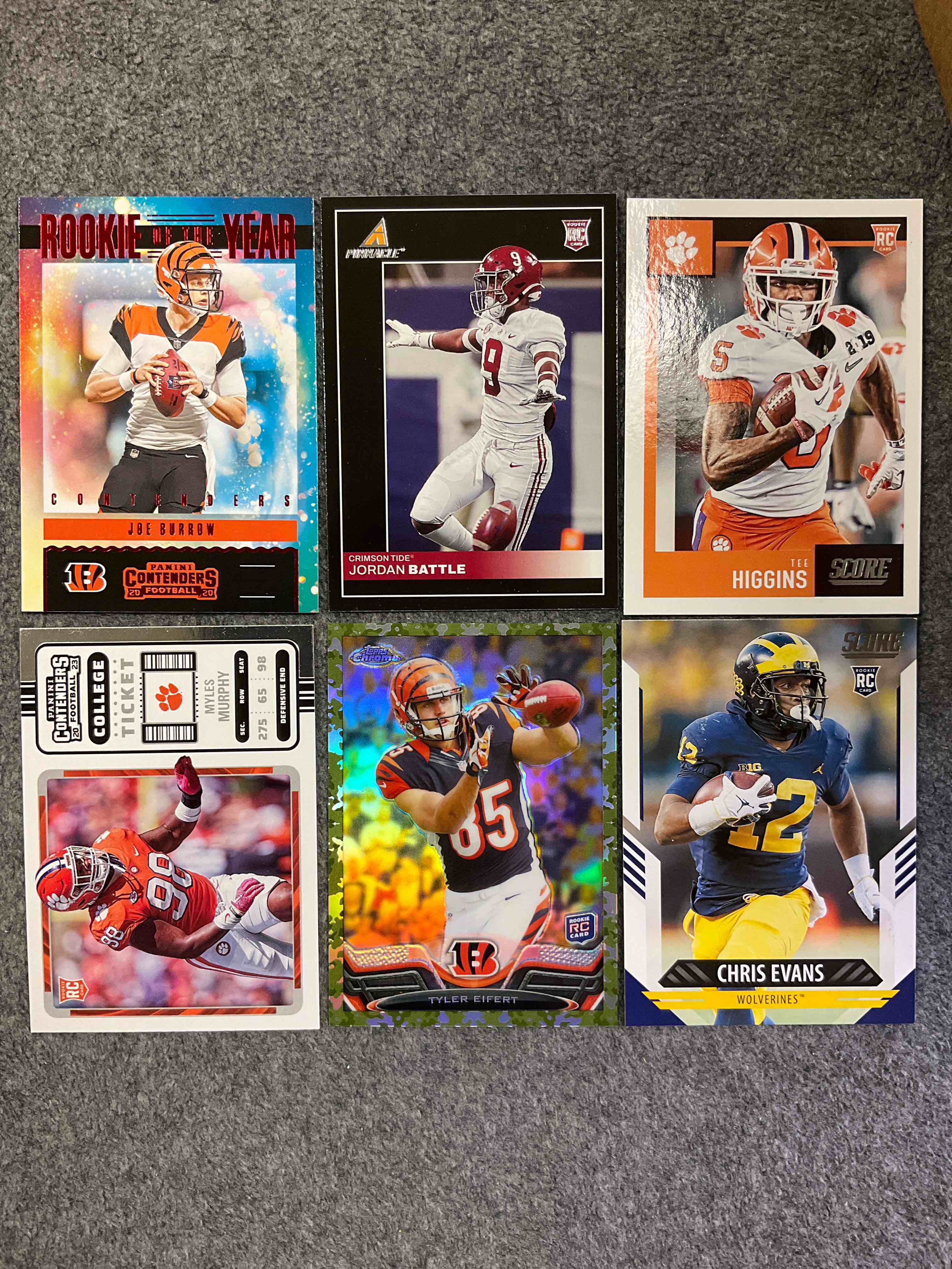 Bengals Fans! Rookie Lot! Joe Burrow Rookie Card, Jordan Battle Rookie Card, Tee Higgins Rookies Card, Myles Murphy Rookie Card, Tyler Eifert Rookie Card & Chris Evans Rookie Card! All Mint!