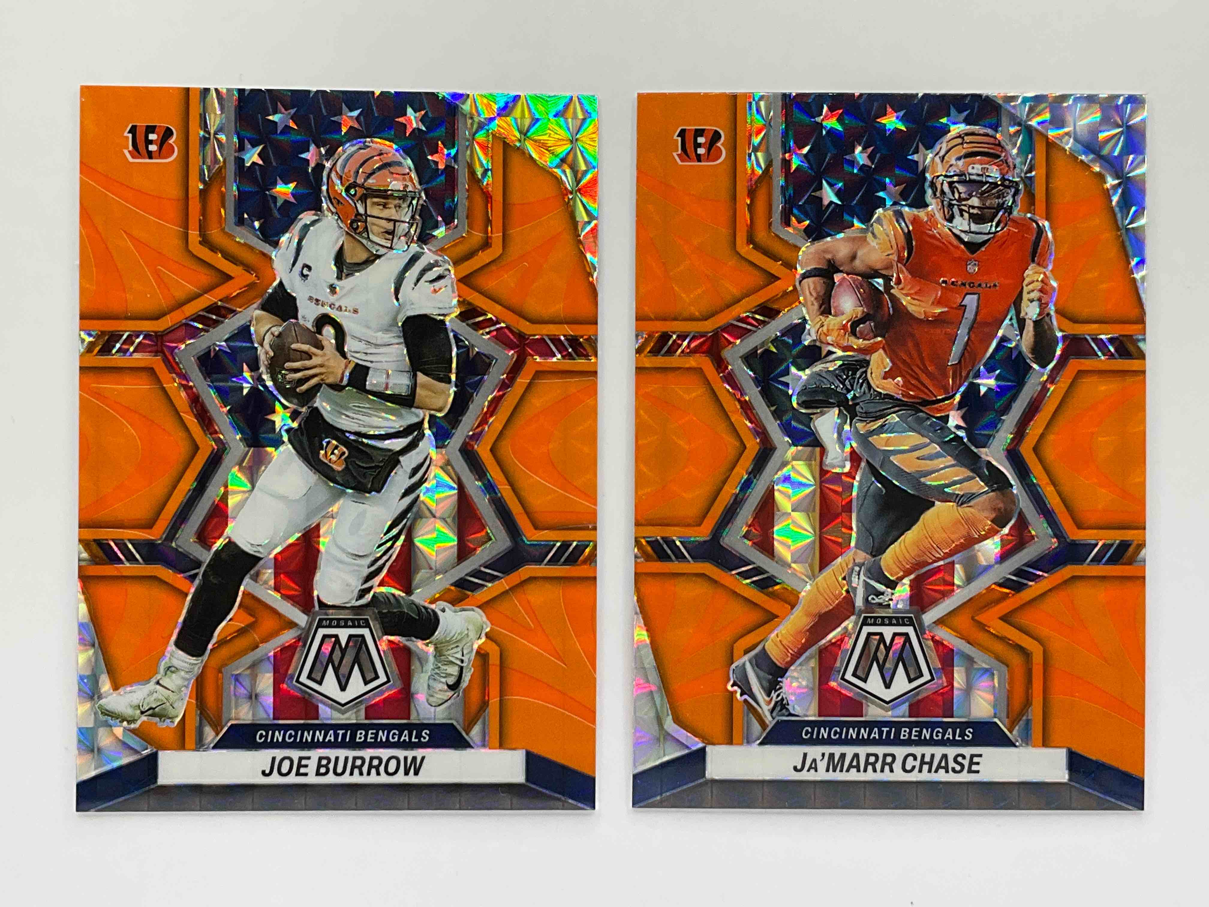 Gorgeous!  Two Matching Cards, 2022 Mosaic Stars & Stripes Neon Orange Refractor, Joe Burrow & Ja’ Marr Chase!  Both Gorgeous & Mint!