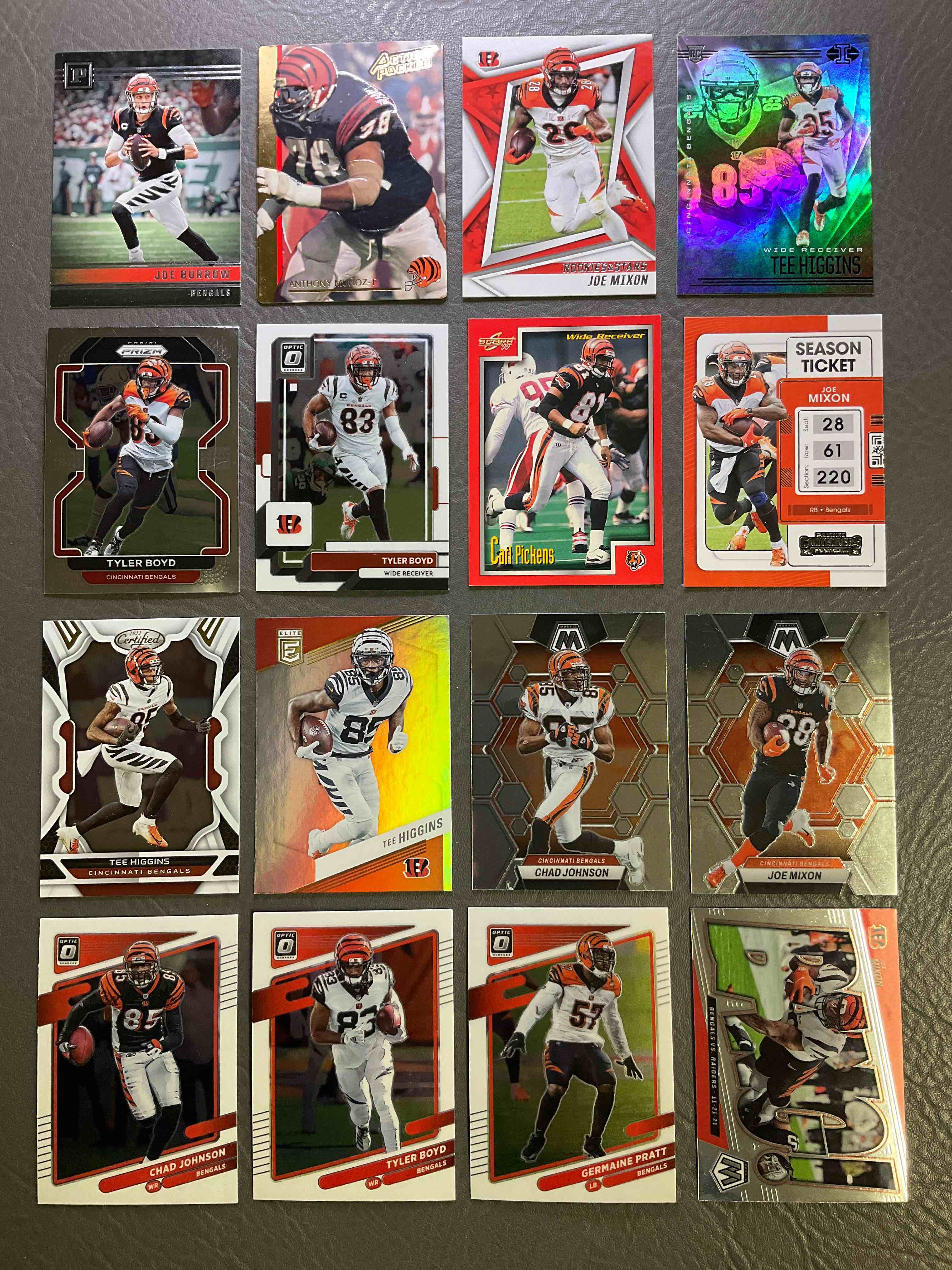 Calling Bengals Fans!  16 Awesome Cards, Vintage & New!  Burrow, Higgins, Munoz, Mixon, Some Rookies & Some Elite Cards, All Mint!