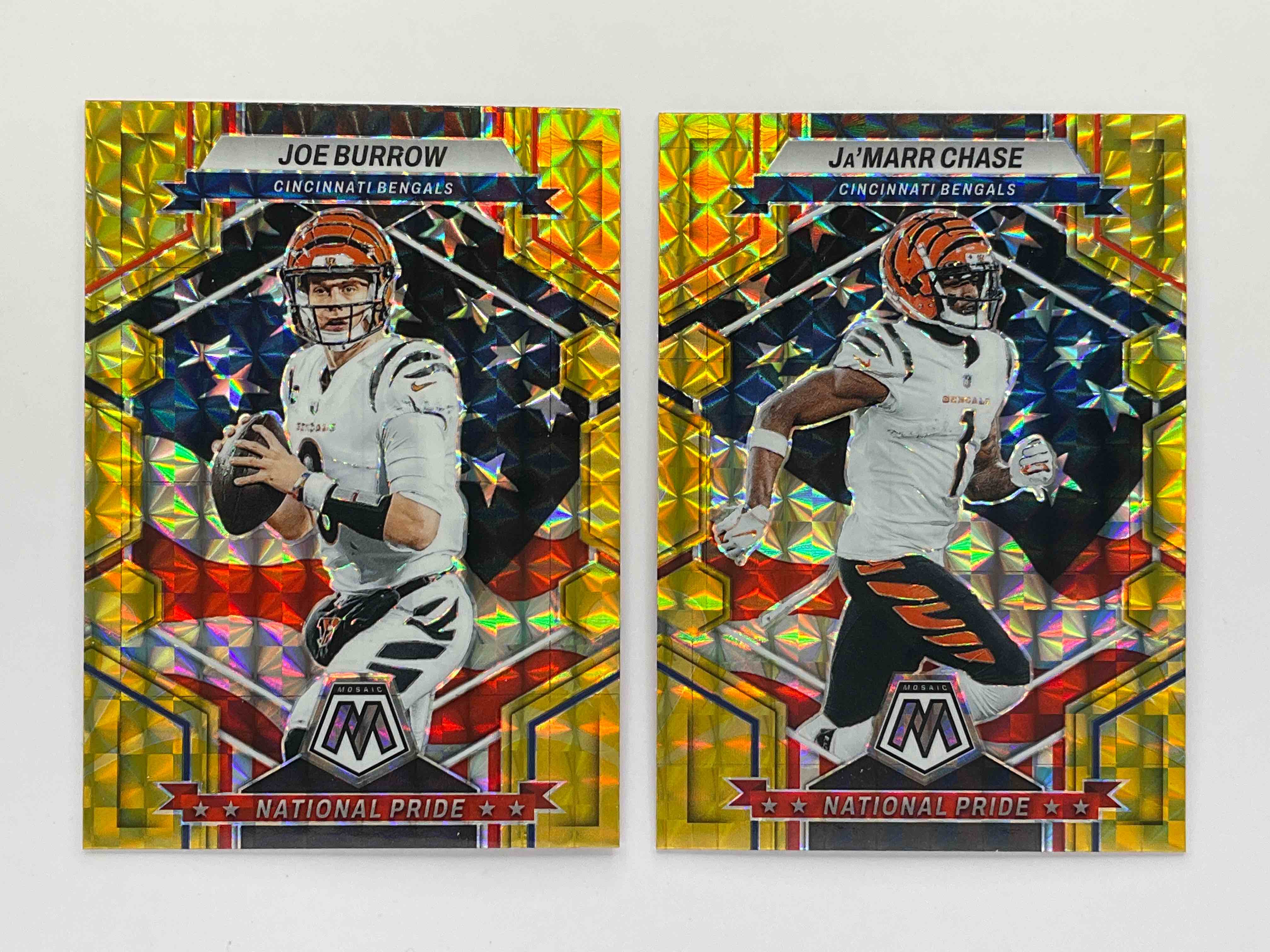 National Pride!  Two Awesome Matching Gold/Yellow Refractor Mosaic National Pride Cards, Joe Burrow & Ja’ Marr Chase 2023.  Gorgeous, Matching & Mint!