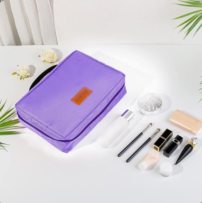 BONNY DODO Womens Makeup Bag Travel Cosmetic Bag Storage Organized Makeup Bag Black with Brush Compartment Bathroom Bags for Women Toiletry Travel, Purple, Small, Simple