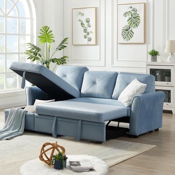84” Blue Pull Out Sleeper Sofa Reversible L-Shape 3 Seat Sectional Couch with Chaise Storage
