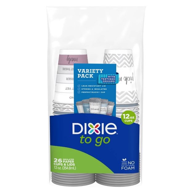 Dixie To Go Paper Hot Cups w/Lids, 12 oz, 130 Count
