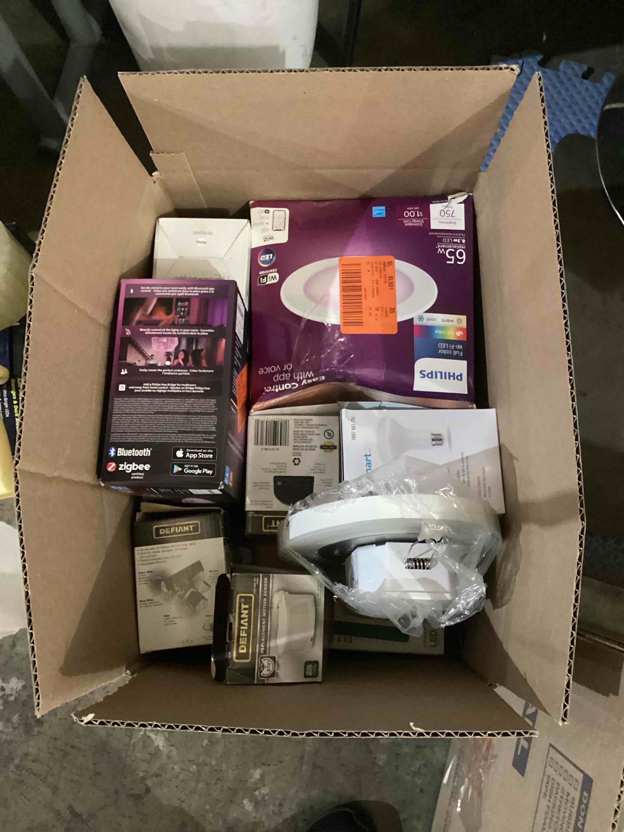 Assorted Box of Recessed Lights, smart Bulbs, Motion Sensor Lights.