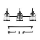 Globe-Electric-Devonport-24-in-3-Light-Matte-Black-Vanity-Light-with-Clear-Glass-Shades-4-Piece-Bathroom-Accessory-Set-Included