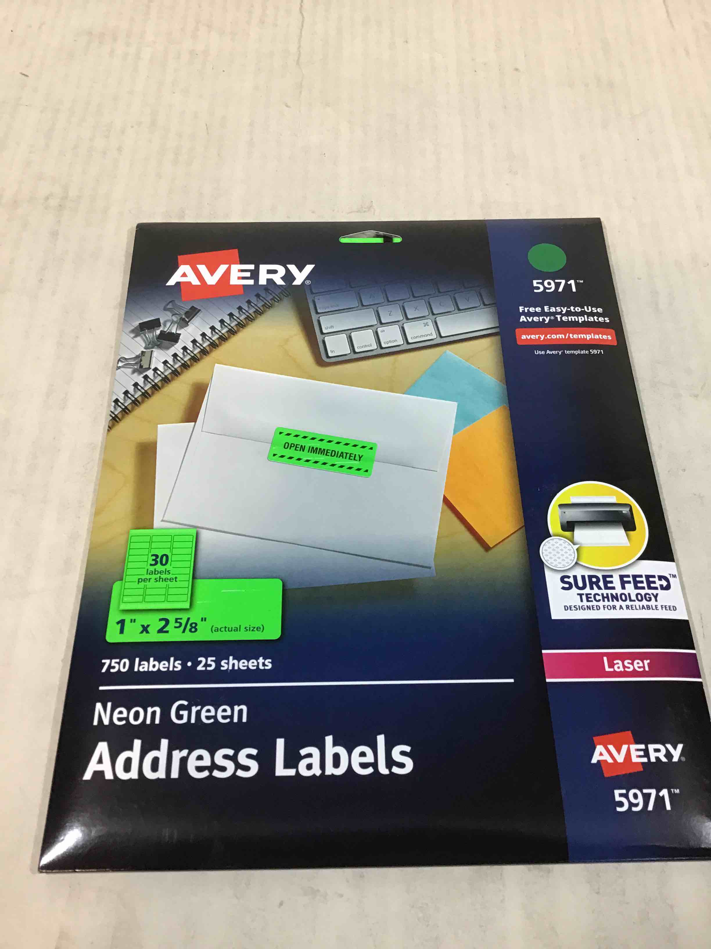 Avery Printable Address Labels with Sure Feed, 1" x 2-5/8", Neon Green, 750 Blank Mailing Labels (5971)