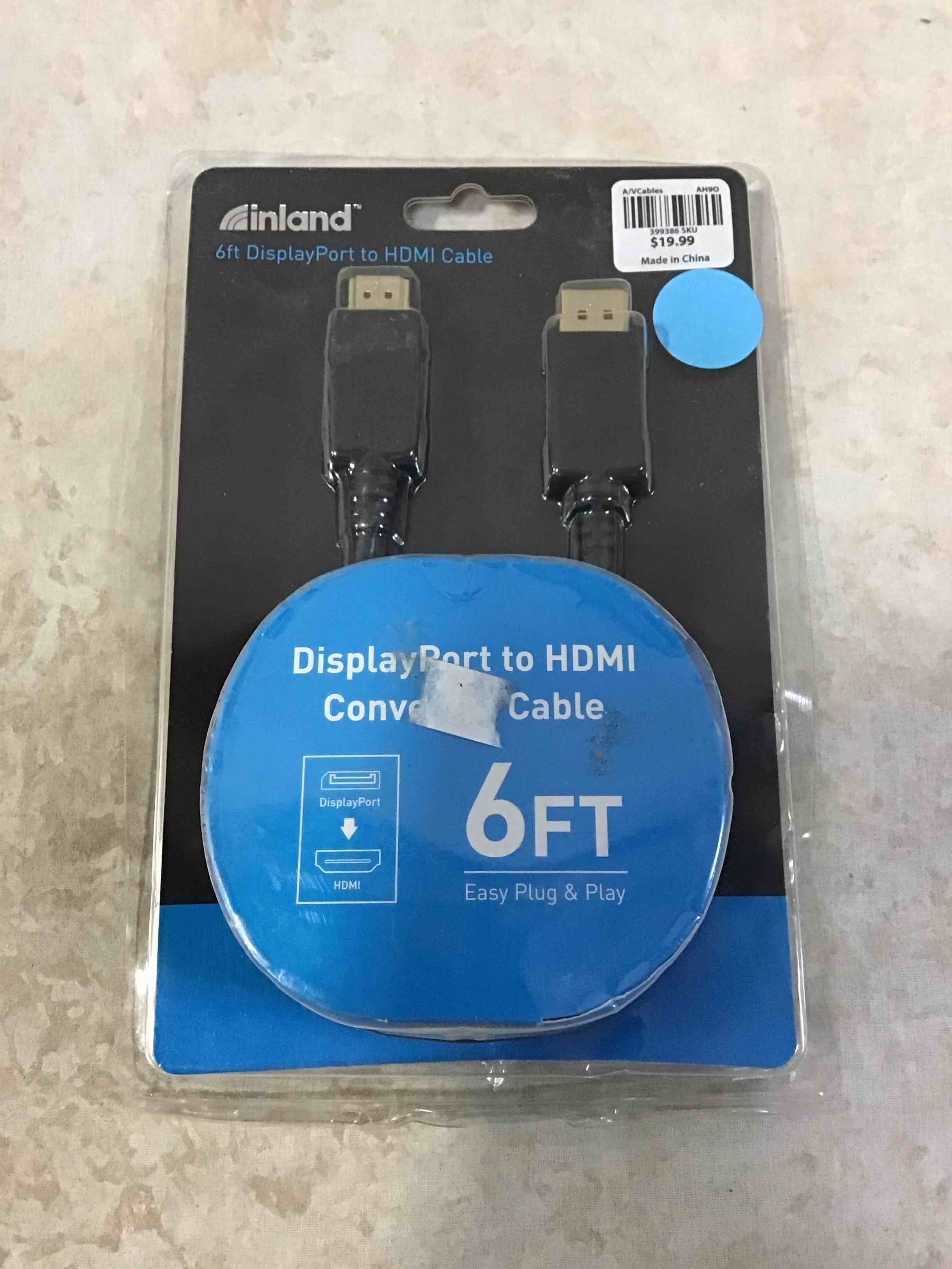 inland 6’ DisplayPort to HDMI Cable