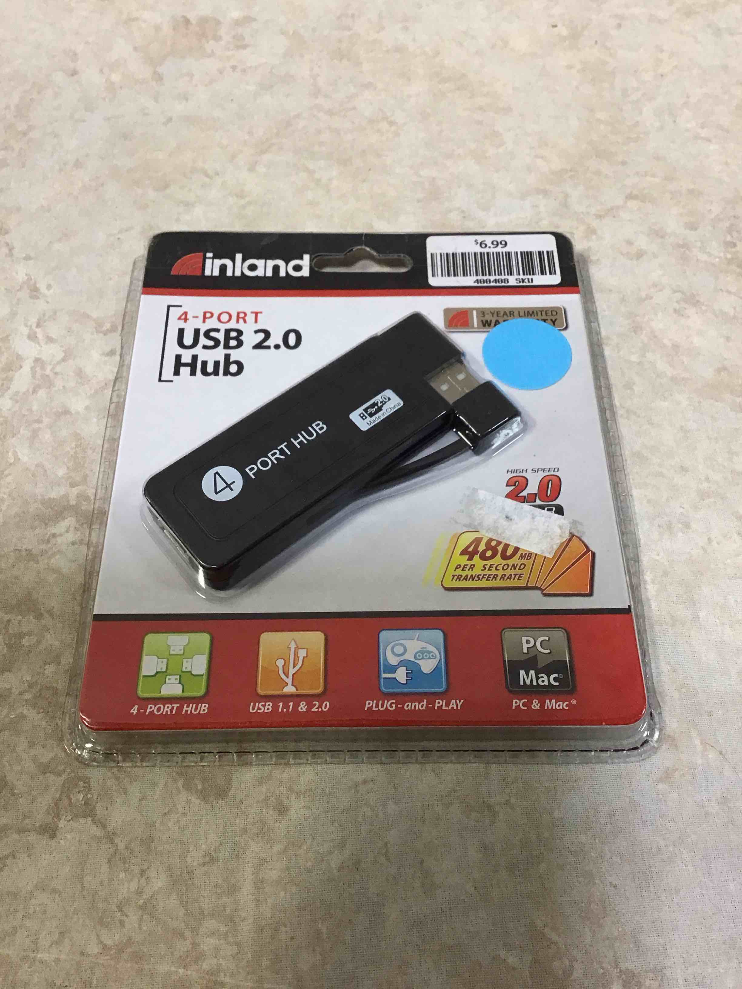 Inland 4 Port Usb 2.0 Hub Pc & Mac High Speed 480 Mbps Portable Plug & Play Led