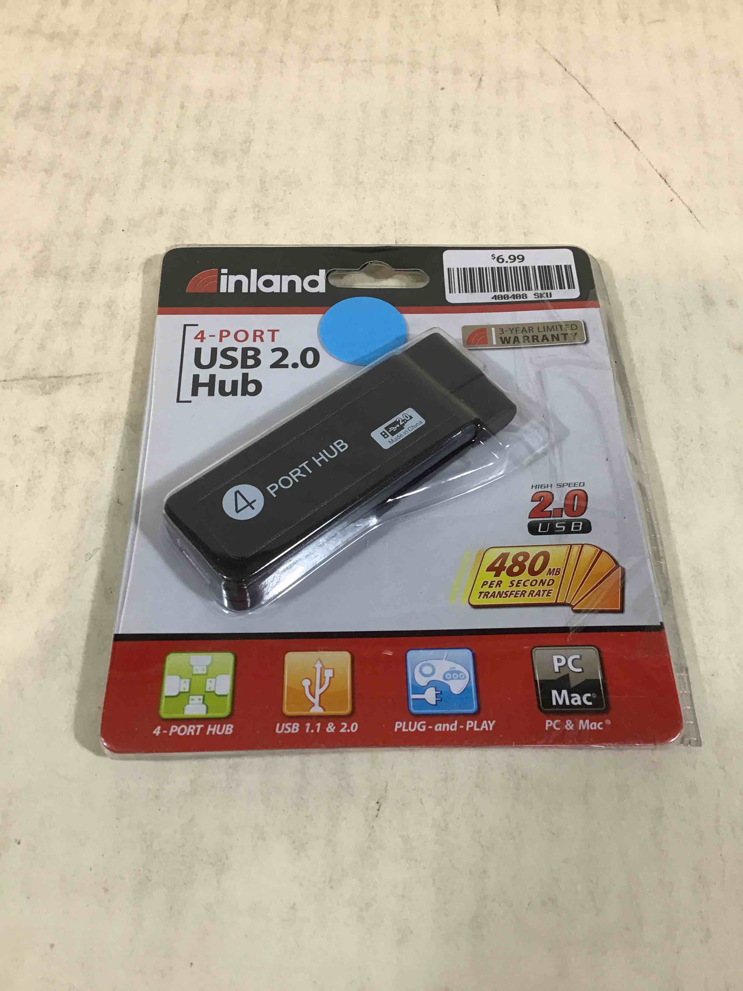 Inland 4 Port Usb 2.0 Hub Pc & Mac High Speed 480 Mbps Portable Plug & Play Led