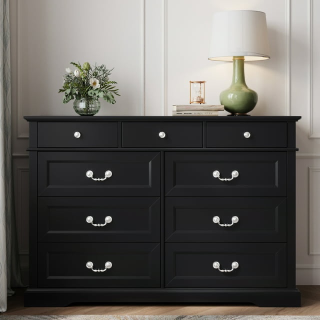 LINSY HOME Dresser for Bedroom, Long Dresser with 9 Drawers and Antique Handles, Chest of Drawers for Living Room, Entryway and Hallway, Black (LH618E4-B2)