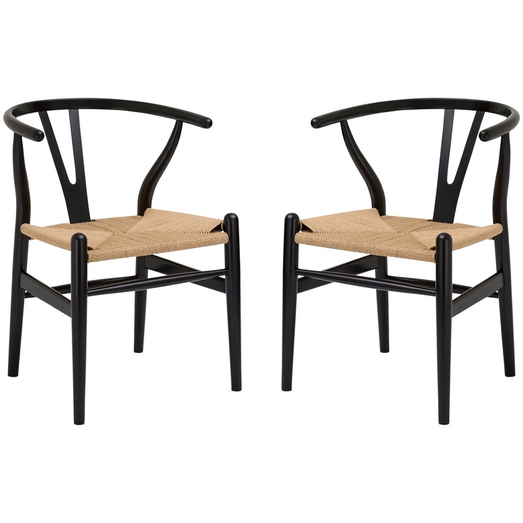 Poly and Bark Weave Modern Wooden Mid-Century Dining Chair, Hemp Seat, Black (Set of 2) (EM-109-BLK-X2)