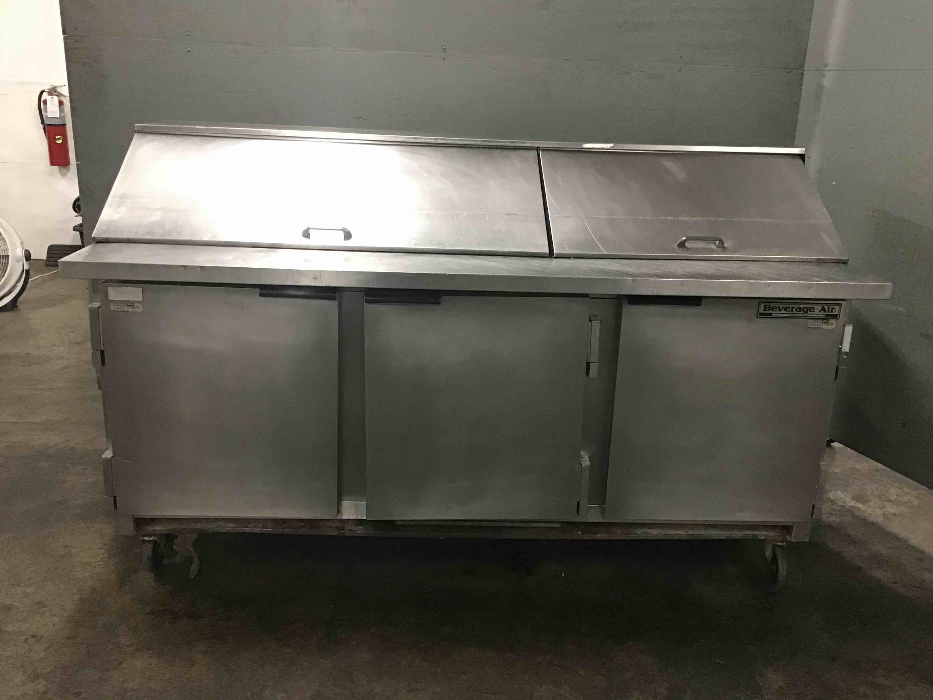 Beverage Air 72 Inch Stainless Steel  Mega Top 3 Door Refrigerated Prep Table On Casters 
