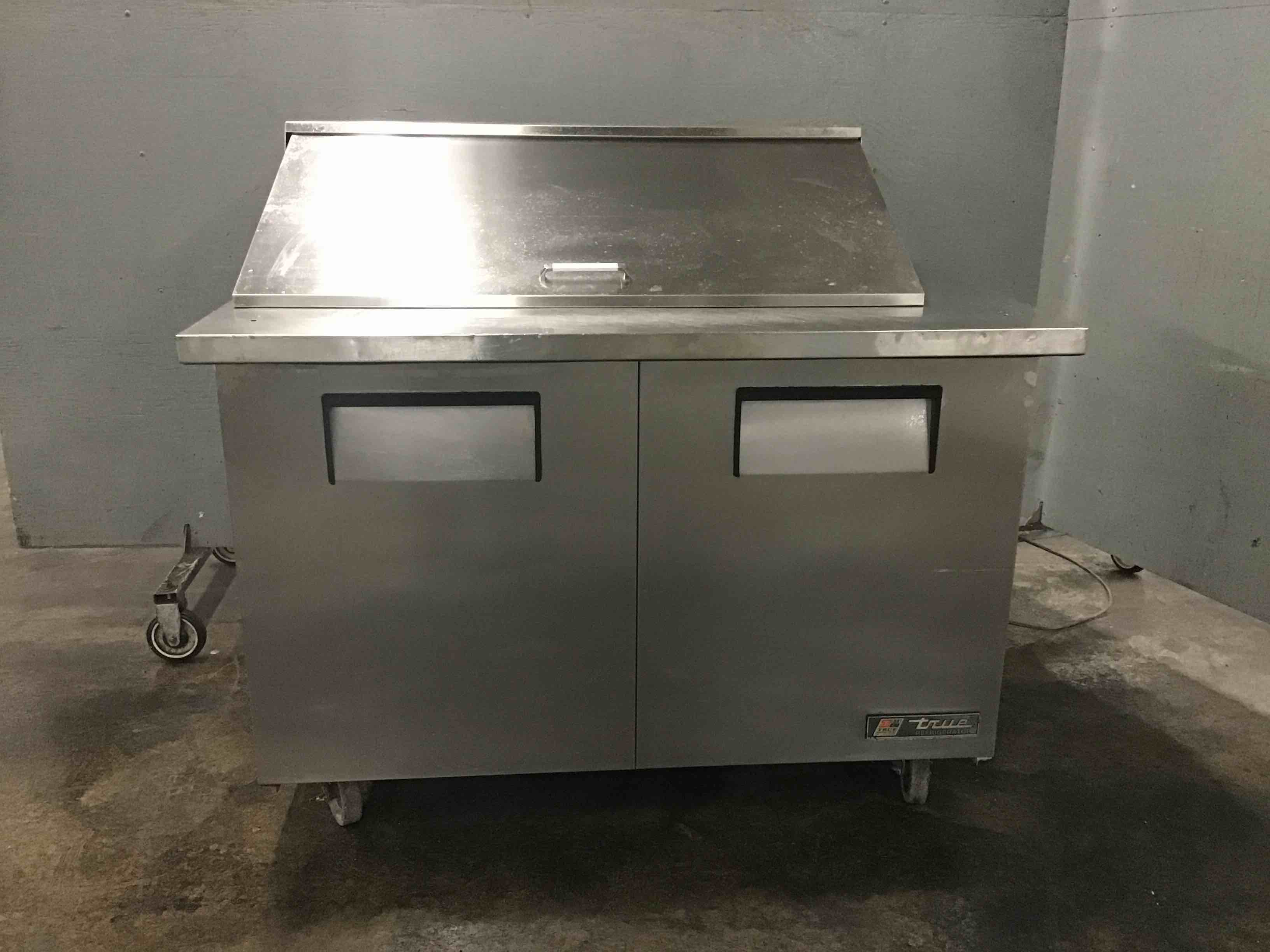 True Stainless Steel 48 Inch Mega Top 2 Door Refrigerated Sandwich Prep Table On Casters 