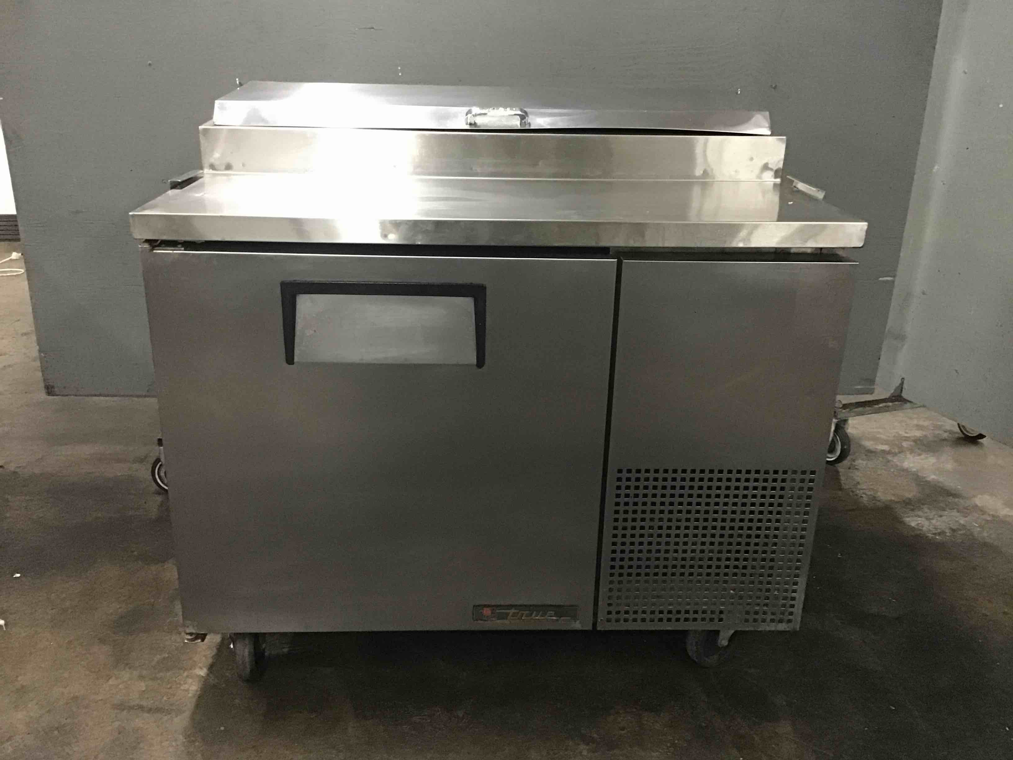 True Stainless Steel 44 Inch Single Door Refrigerated Pizza Prep Table On Casters 