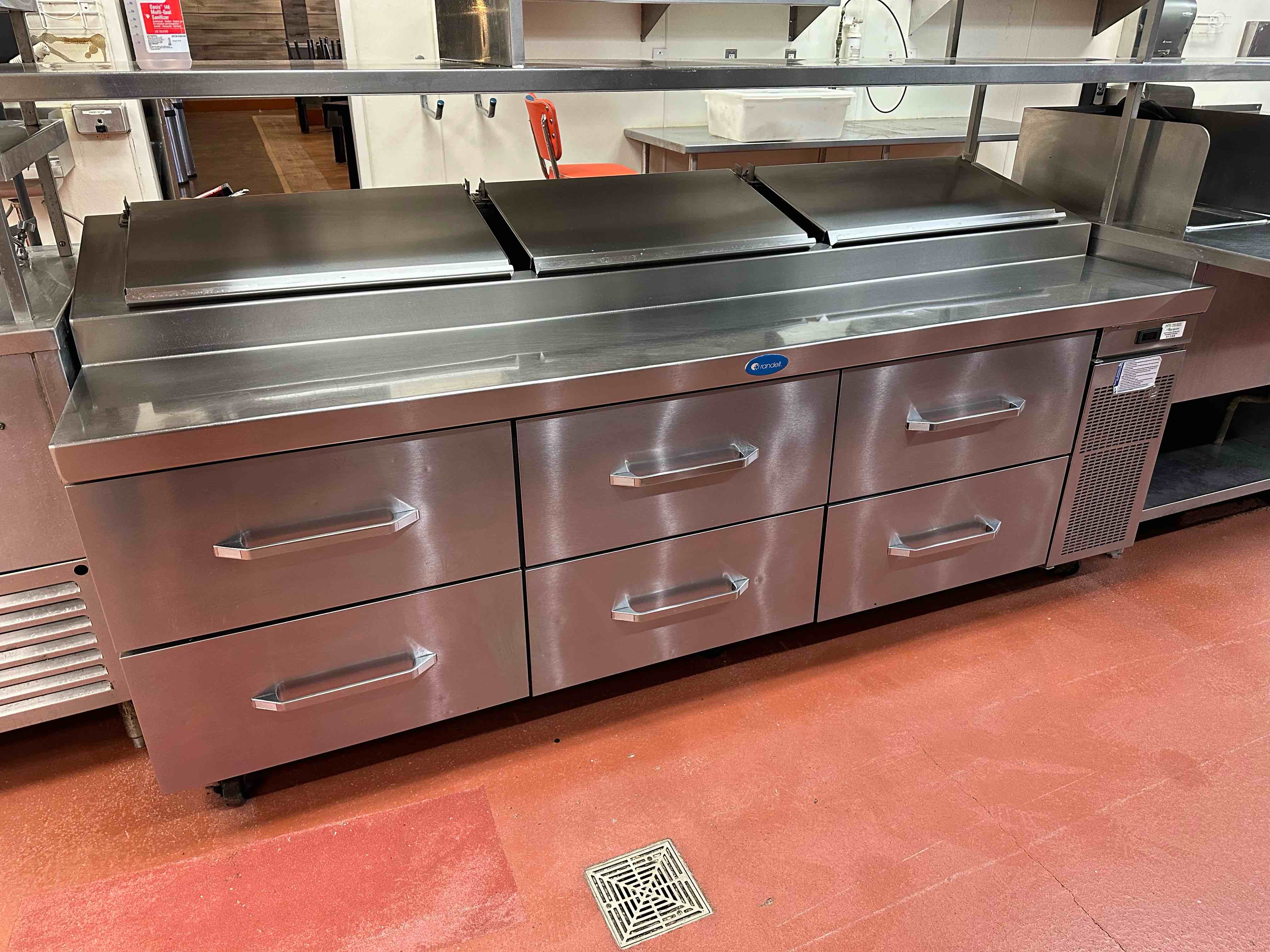 2018 Randell 93 Inch Stainless Steel 6-Drawer Refrigerated Pizza Prep Table On Casters
