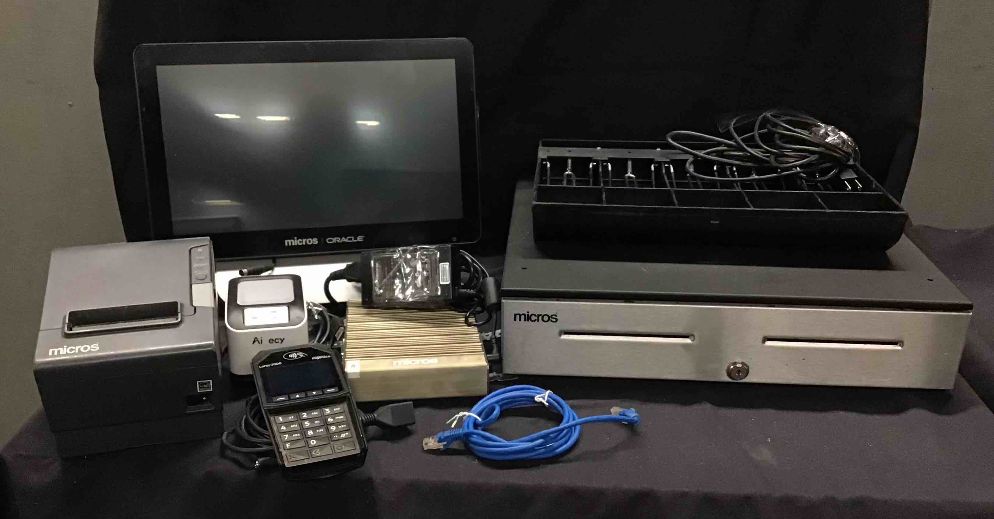 POS System Including Micros Oracle Terminal Monitor, Epson Thermal Receipt Printer, Ingenico Card Reader, Albecy Image Desktop Barcode Scanner, Micros POS Controller Computer, APG Cash Drawer And Tray