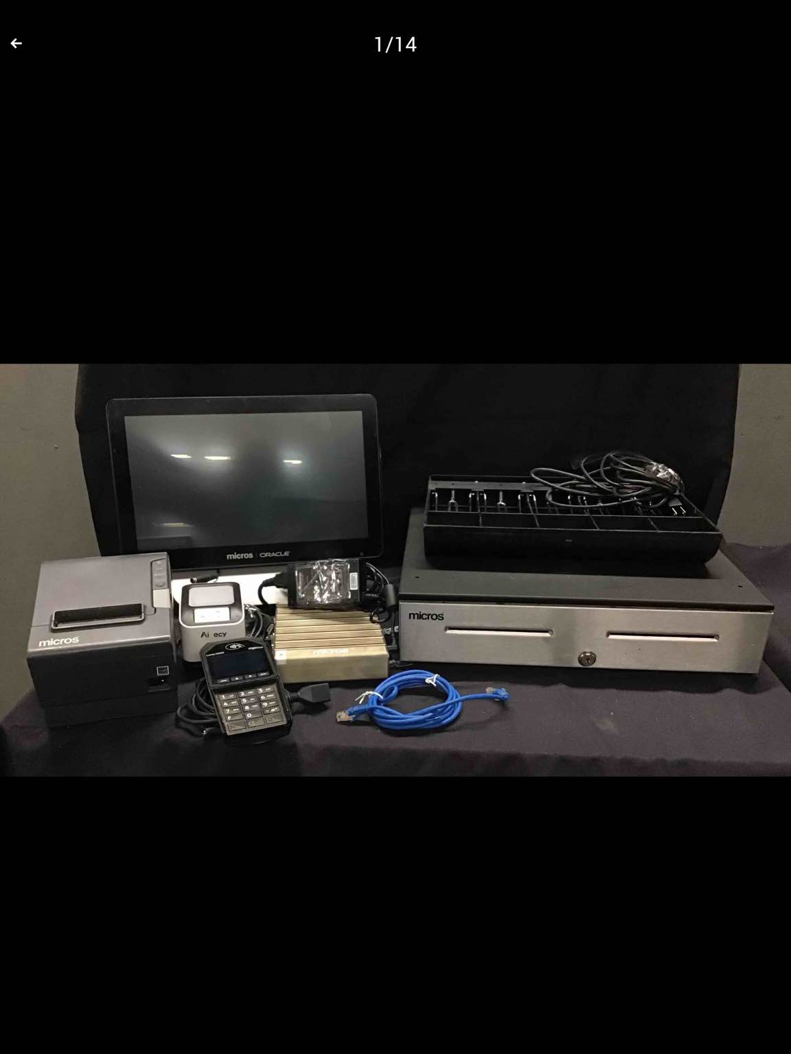 POS System Including Micros Oracle Terminal Monitor, Epson Thermal Receipt Printer, Ingenico Card Reader, Albecy Barcode Scanner, And APG Cash Drawer