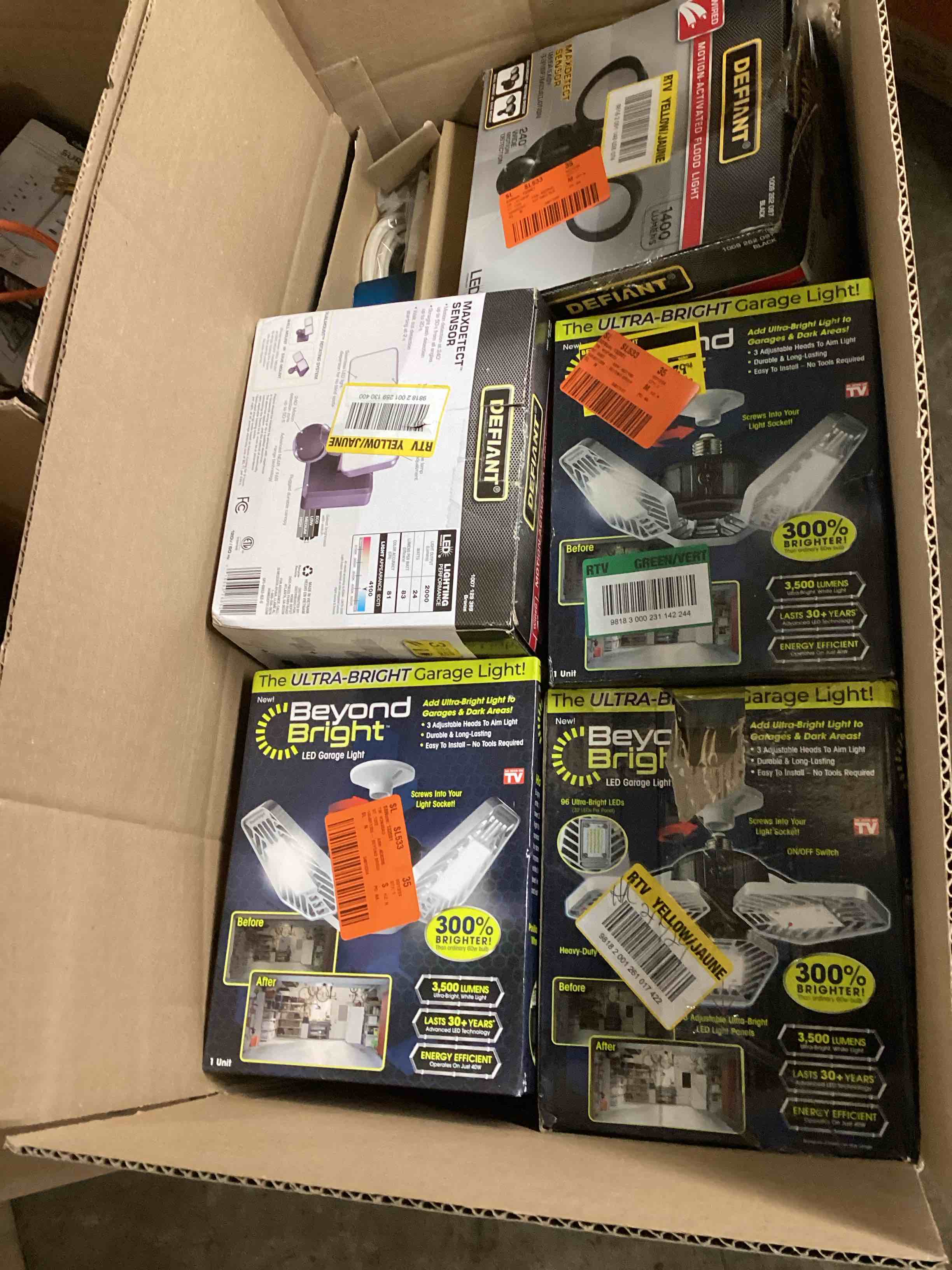 Assortment of Beyond Bright Garage Lights, Flood and security Lights