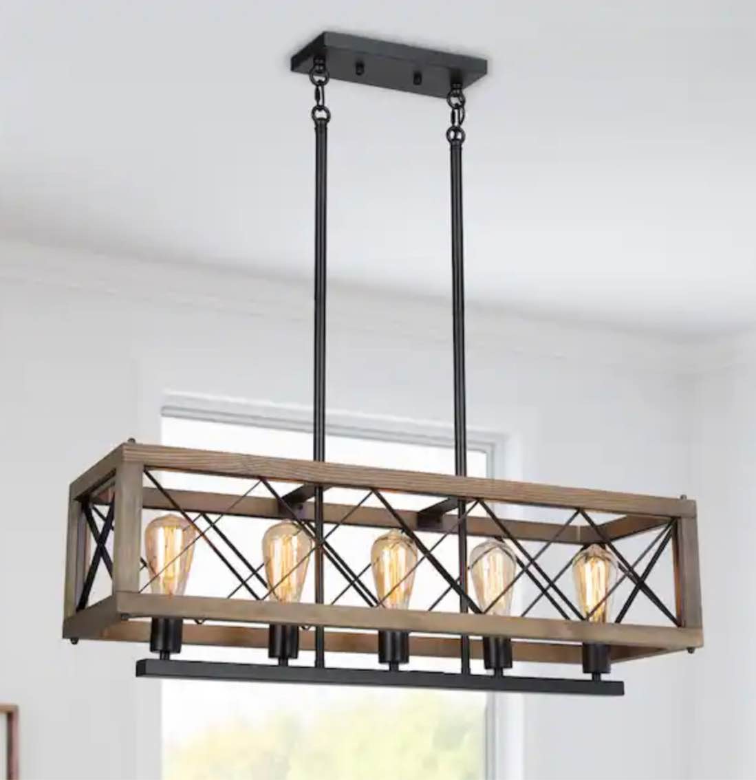 Wood Chandelier 5-Light Farmhouse Black Linear Rectangular Chandelier Island Kitchen Dining Room Chandelier