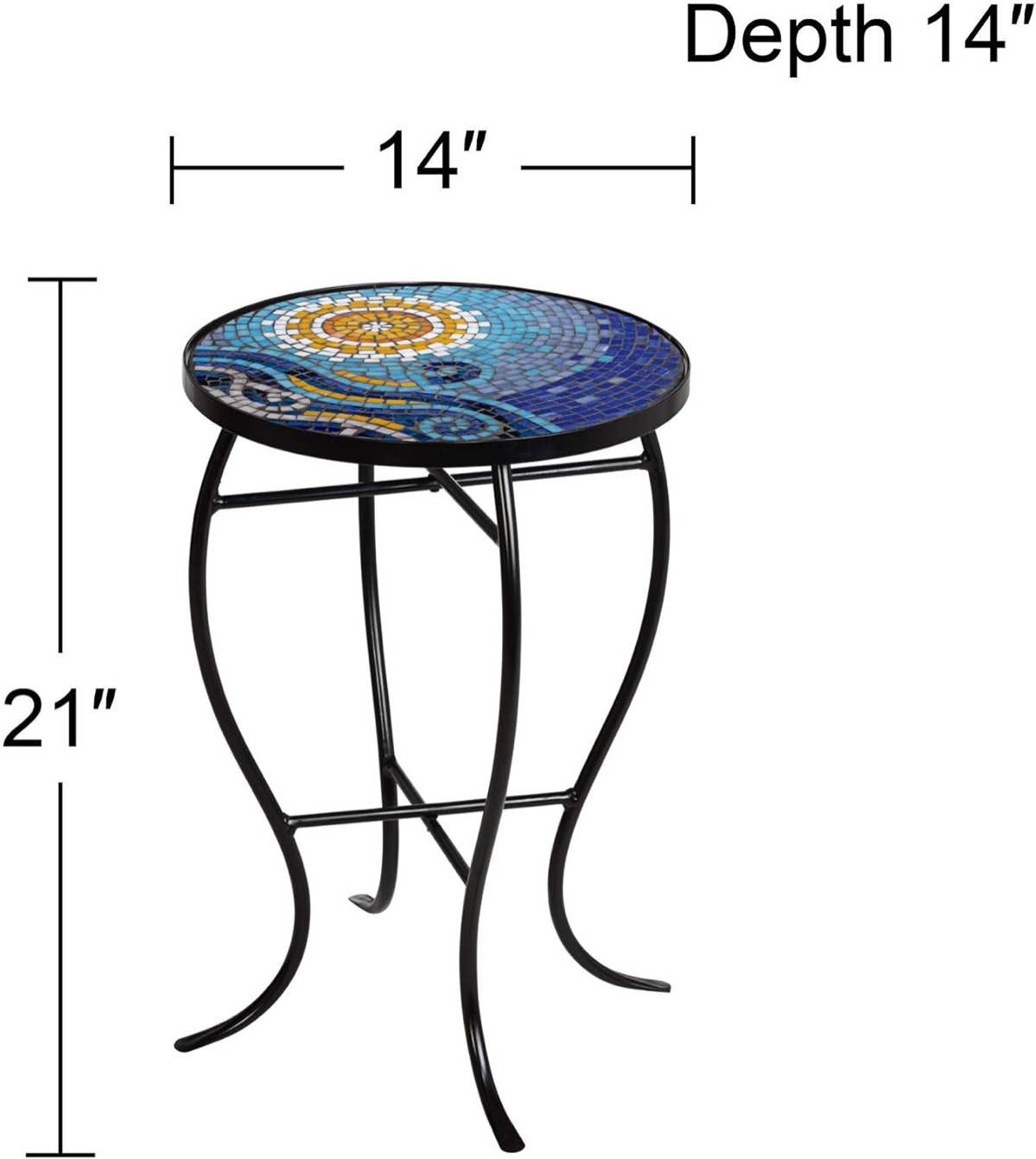 Teal Island Designs Ocean Modern Black Metal Round Outdoor Accent Side Table 14" Wide Blue Mosaic Tile Tabletop Gracefully Curved Legs Front Porch Patio Home House Balcony Deck Shed Yard